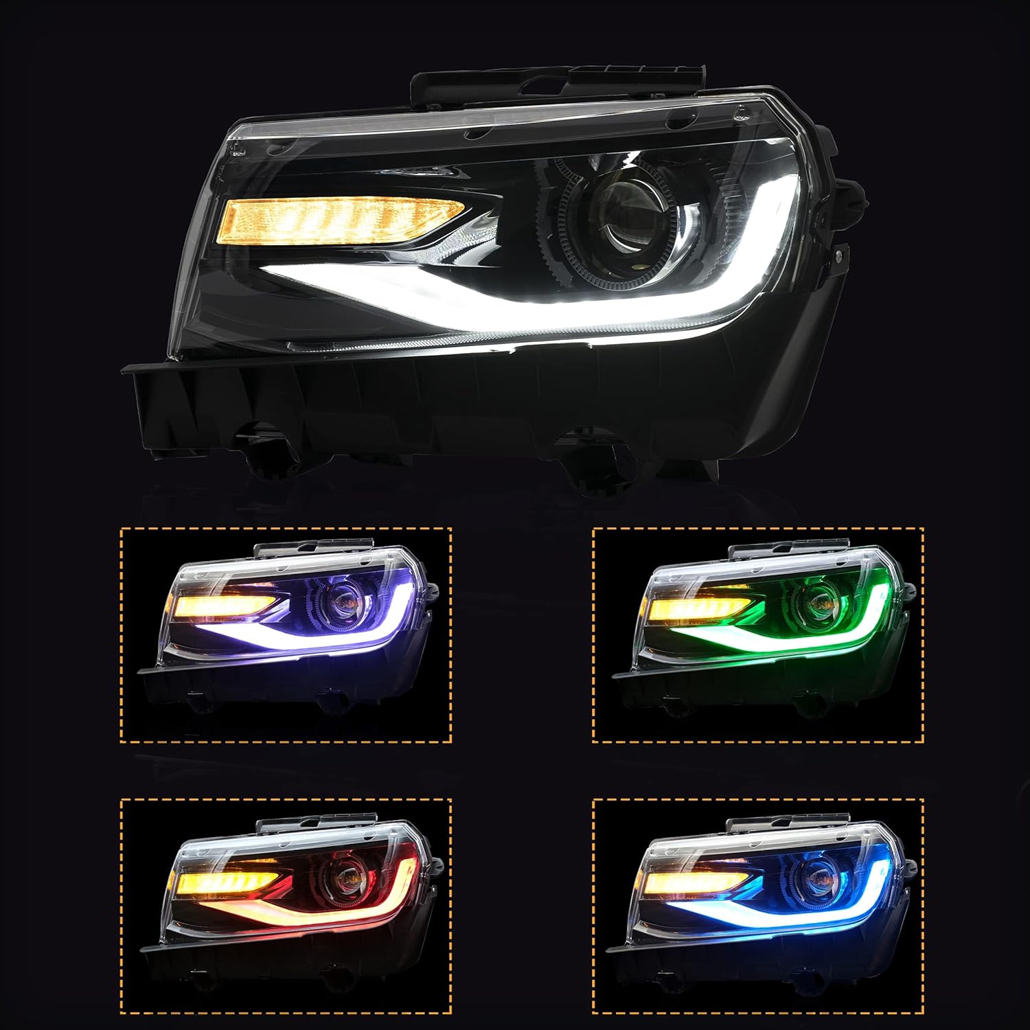 VLAND Conjunto de faros delanteros multicolor para Chevy Camaro 2014 2015 5 generación, luz frontal LED RGB con señal de giro secuencial, con lente