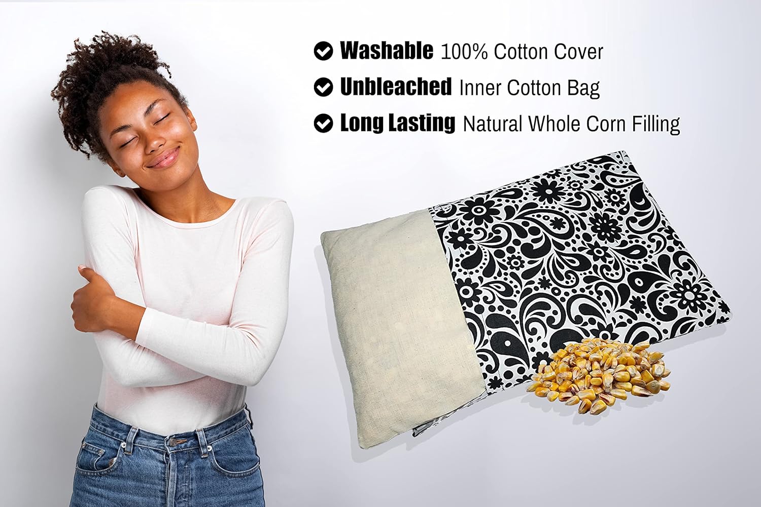 Almohadilla térmica rellena de maíz para microondas y paquete fríofunda lavable 100% algodón (bandana – blanco y negro, 7.5 pulgadas de ancho x 11