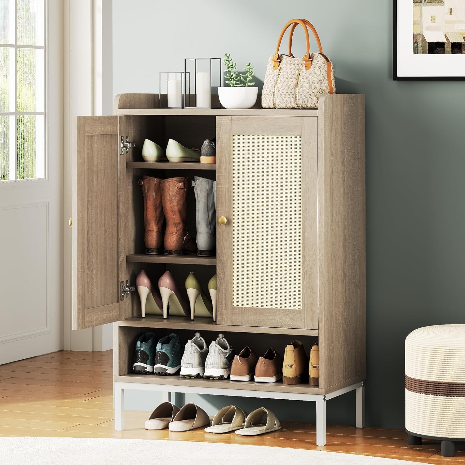 JASIWAY Gabinete de zapatos de ratán para entrada, zapatero con estantes ajustables para entrada, 5 niveles, 18 pares de zapatero para pasillo,
