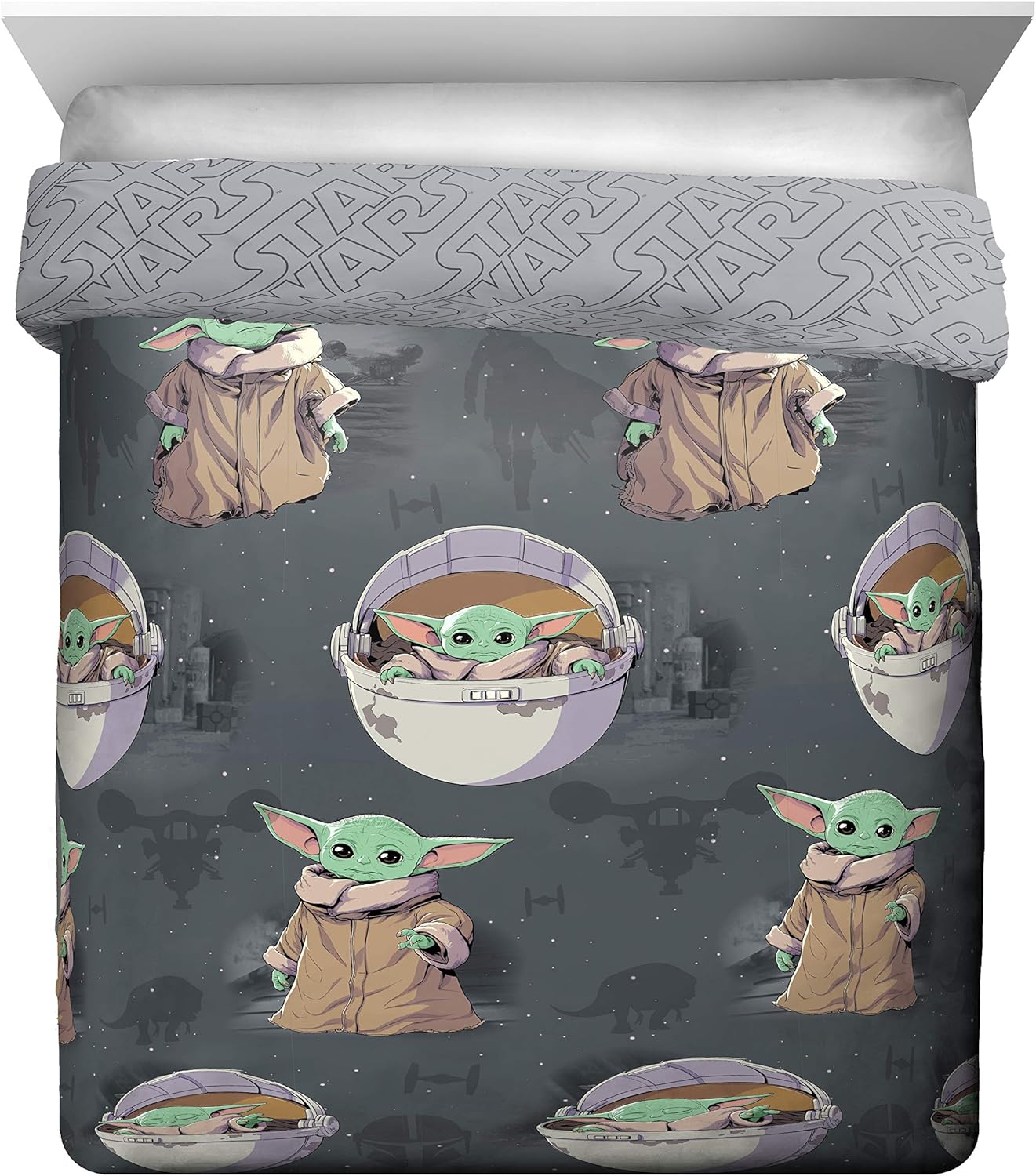Juego de ropa de cama Queen de 5 piezas de Star Wars The Mandalorian The Child, incluye edredón reversible y sábanas con Baby Yoda, de microfibra