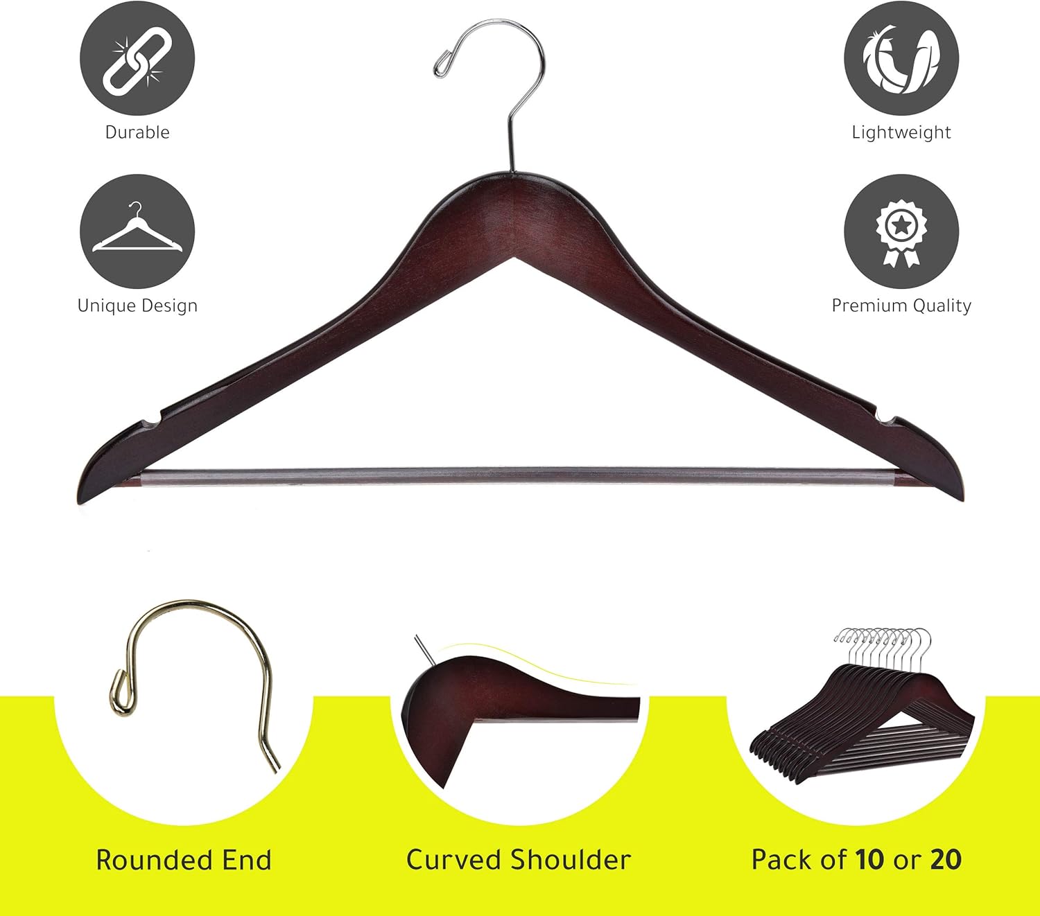 Perchas de madera de calidad  Juego de 10 perchas ligeramente curvadas  Perchas de madera maciza con elegantes ganchos cromados  Ropa de alta