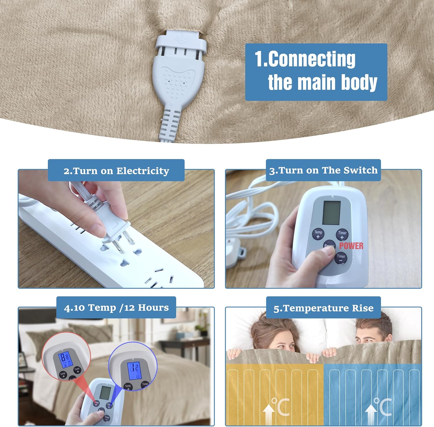 Mantas eléctricas de tamaño individual para cama, 84 x 90 pulgadas, tela de felpa suave, múltiples ajustes de calor, seguridad de 10 horas de