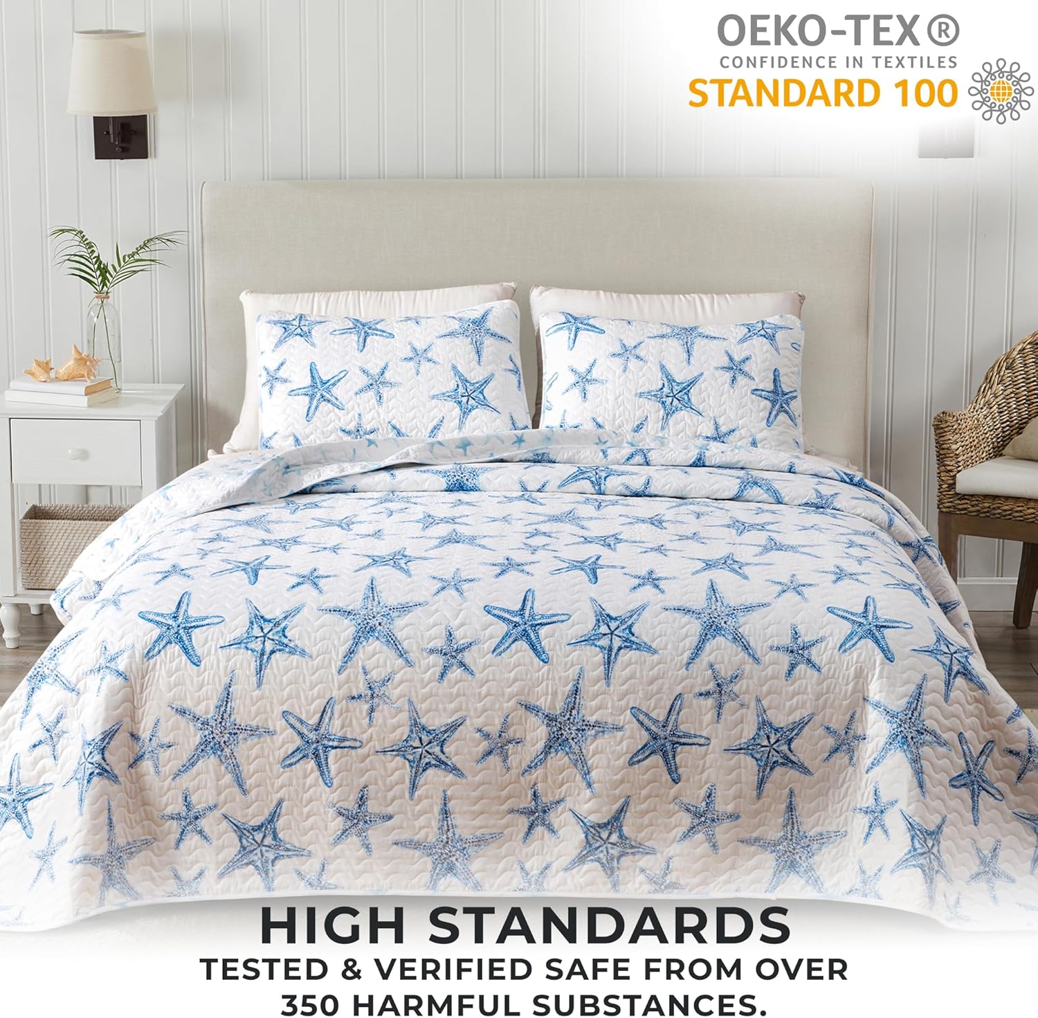 Juego de cama de edredón costero tamaño matrimonialQueen, edredón de verano con fundas, juego de edredón reversible de 3 piezas para playa Colcha