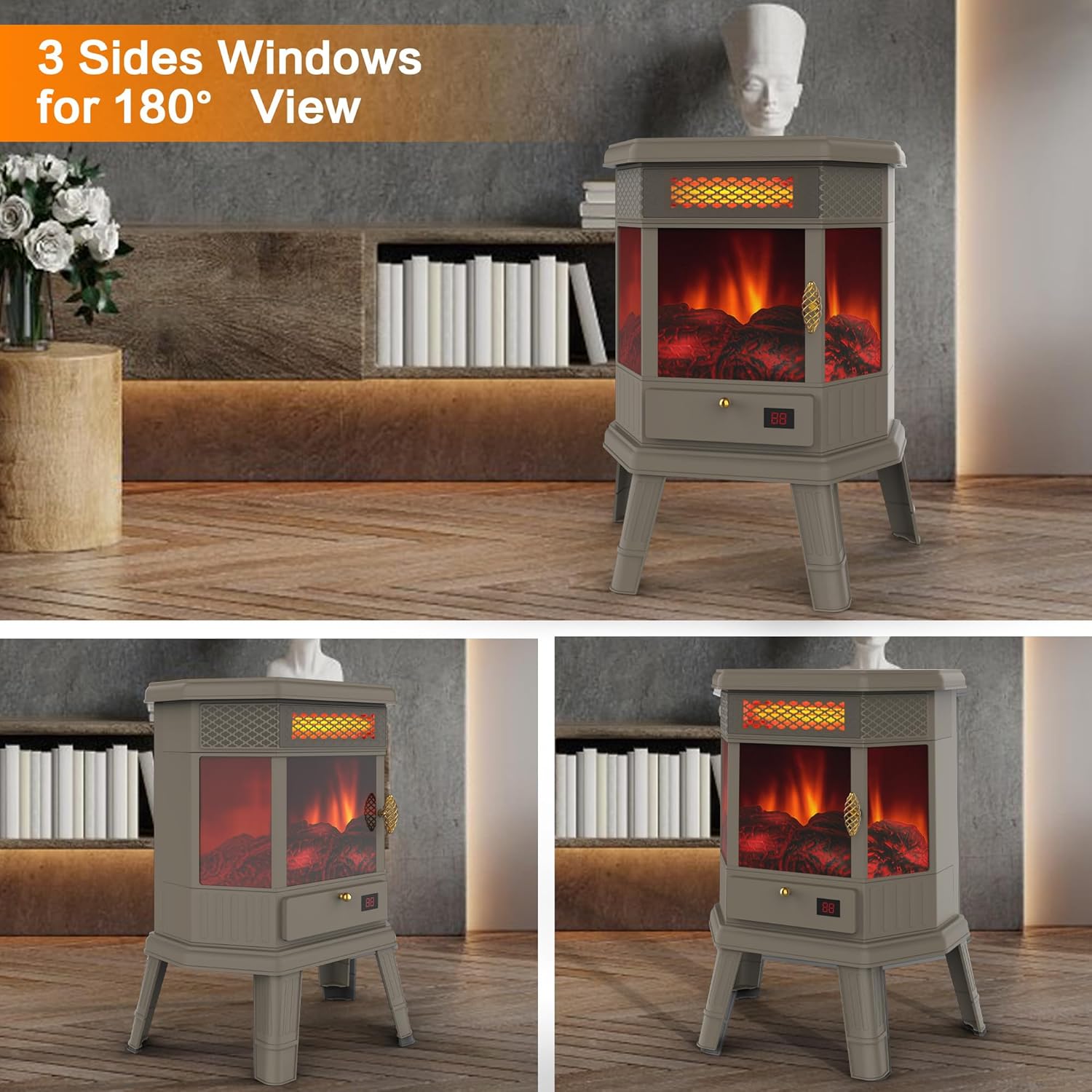 Calentador eléctrico de chimenea independiente de 22 pulgadas, chimenea infrarroja con efecto de llama 3D, temporizador, calentador de protección