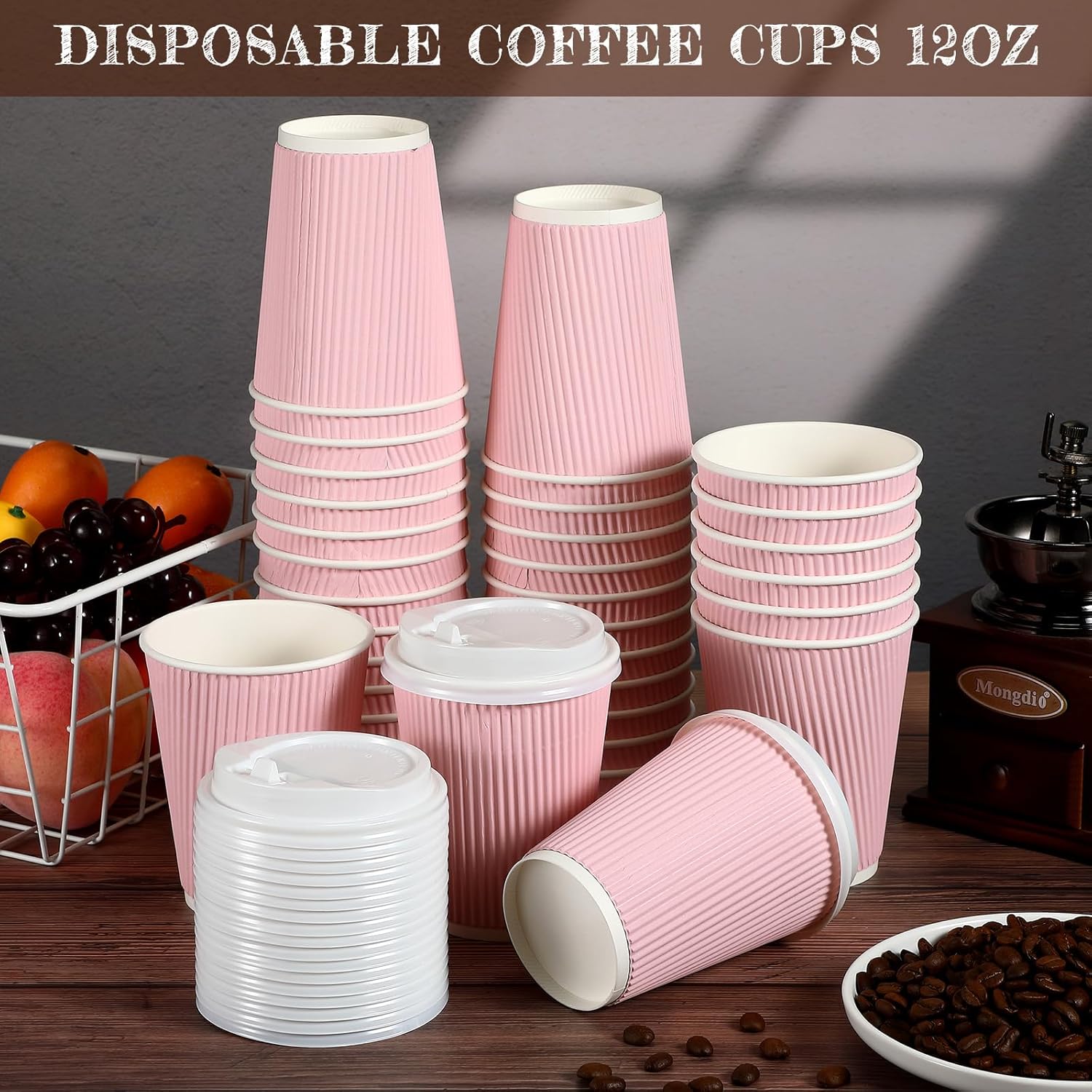 Tioncy 100 tazas de café desechables con tapas, tazas de papel, onduladas corrugadas, aisladas en la pared, tazas calientes con tapas para café,