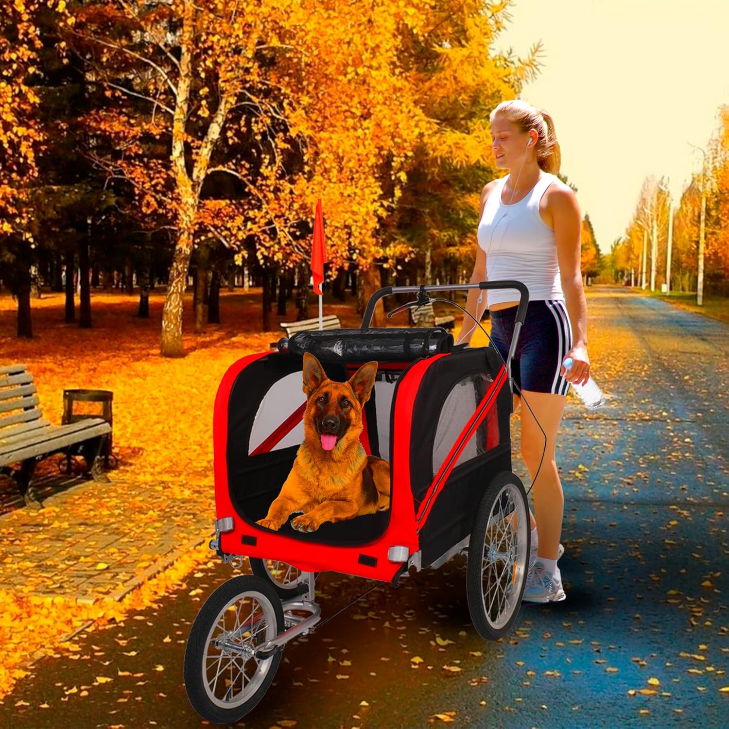 Carrito de remolque de bicicleta para perros, 2 en 1, para mascotas, para viajes, con reflectores, freno de estacionamiento, acoplador universal de
