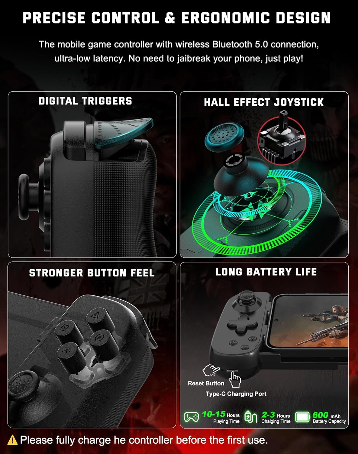 Joso Phone Controller for iPhoneAndroidPC, D6 Wireless Game Controller for SwitchPS3PS4 with Hall JoystickTurbo6-Axis GyroDual Motor, iOS Android