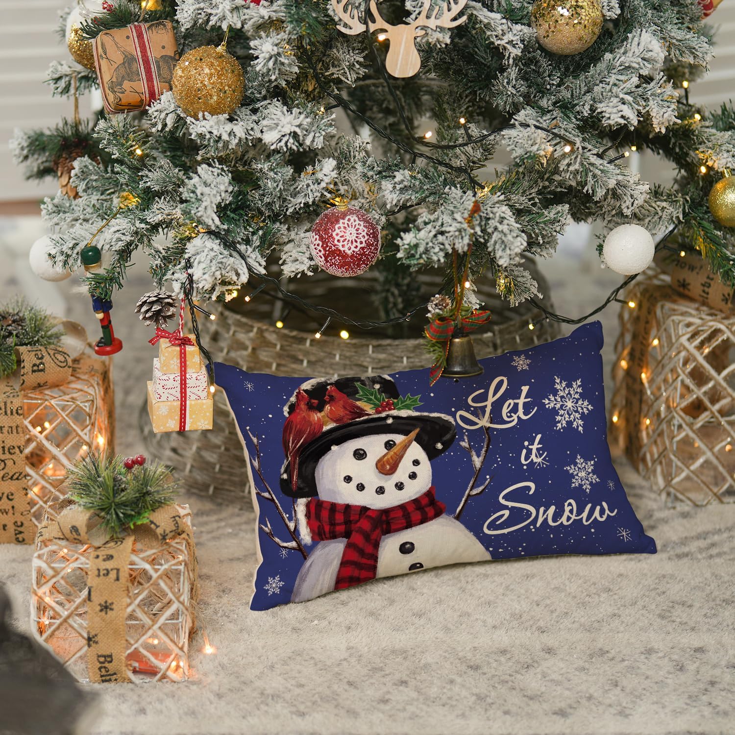 AVOIN colorlife Let it Snow Snowman – Funda de almohada azul de Navidad, 12 x 20 pulgadas, decoración de sofá