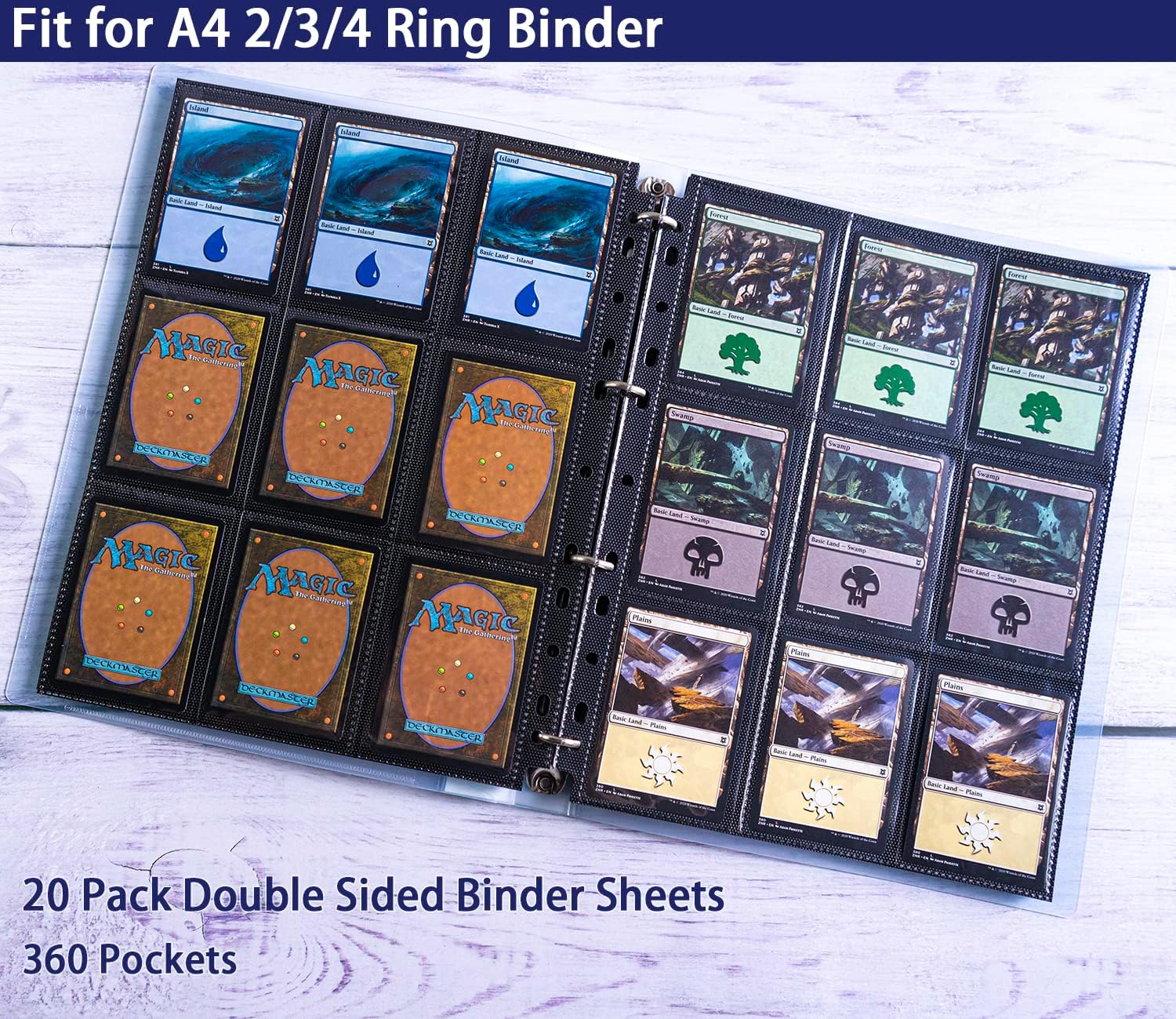 Paquete de 20 fundas negras de 360 bolsillos para tarjetas coleccionables, fundas gruesas de doble cara para tarjetas de juego para carpeta de 3