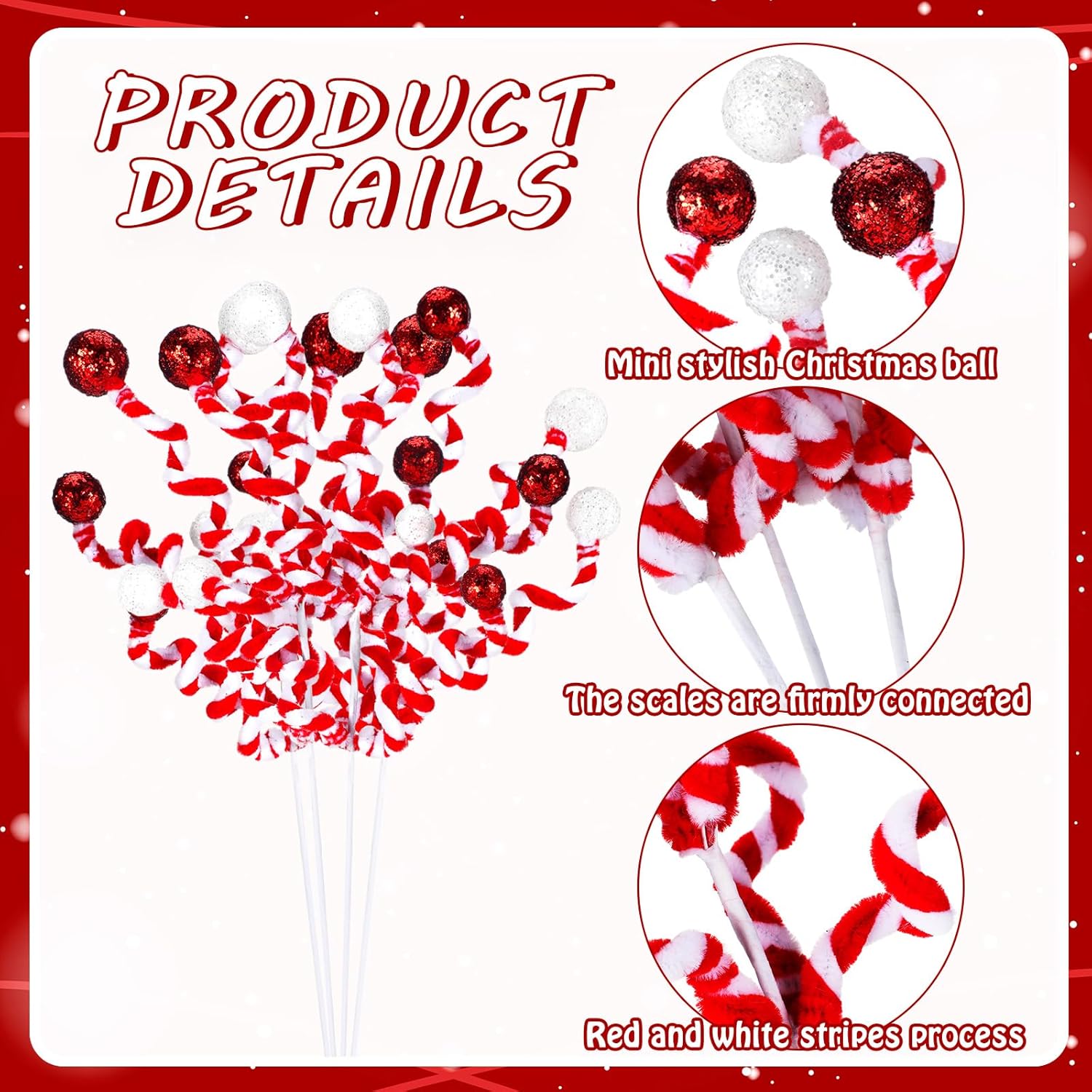 8 piezas de bolas de lentejuelas rojas y blancas para decoración de árbol de Navidad, decoración de árbol de Navidad hecha a mano con purpurina para