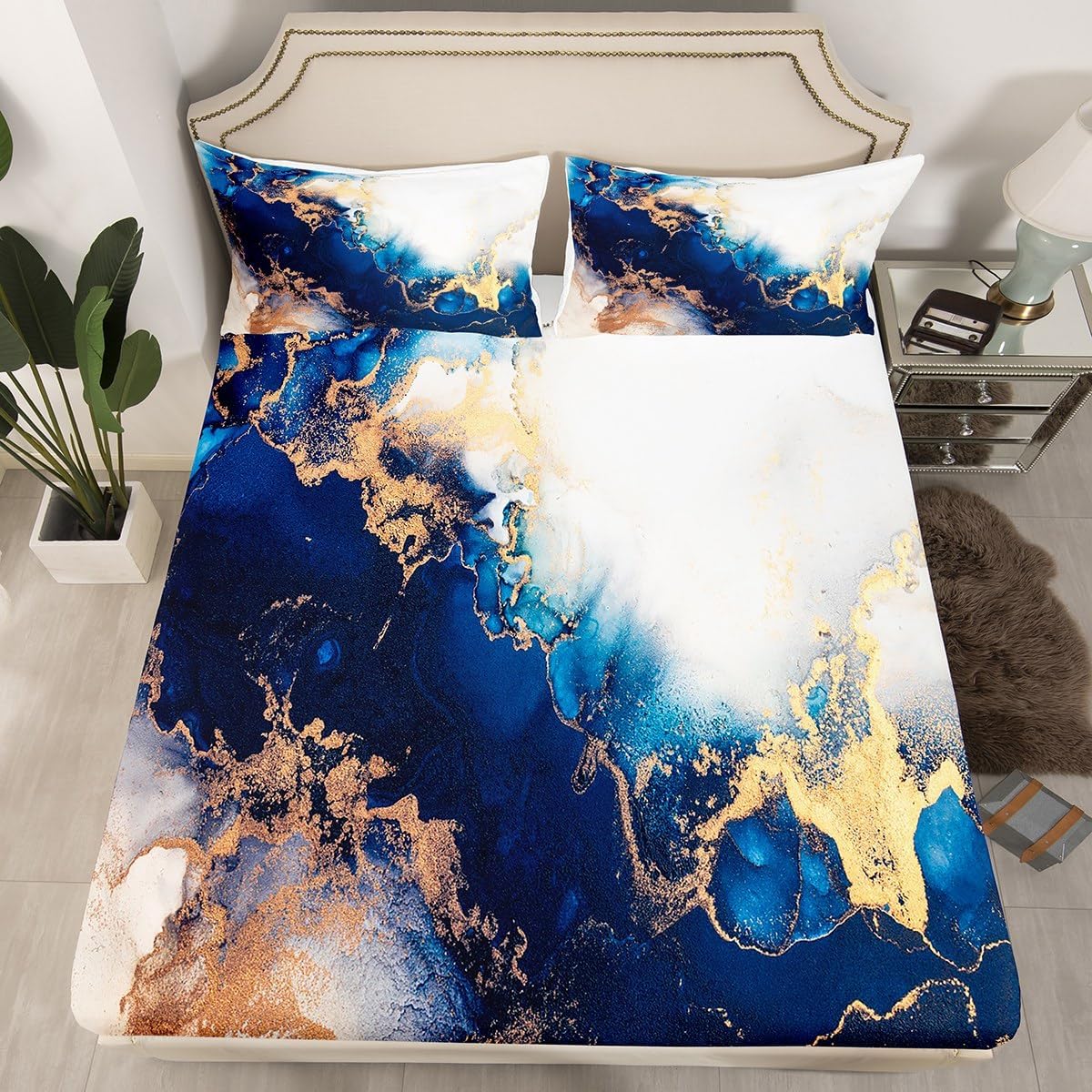 Erosebridal Juego de sábanas de mármol azul y blanco dorado, tamaño Queen, juego de sábanas con textura de mármol retro para niños y niñas, sábanas