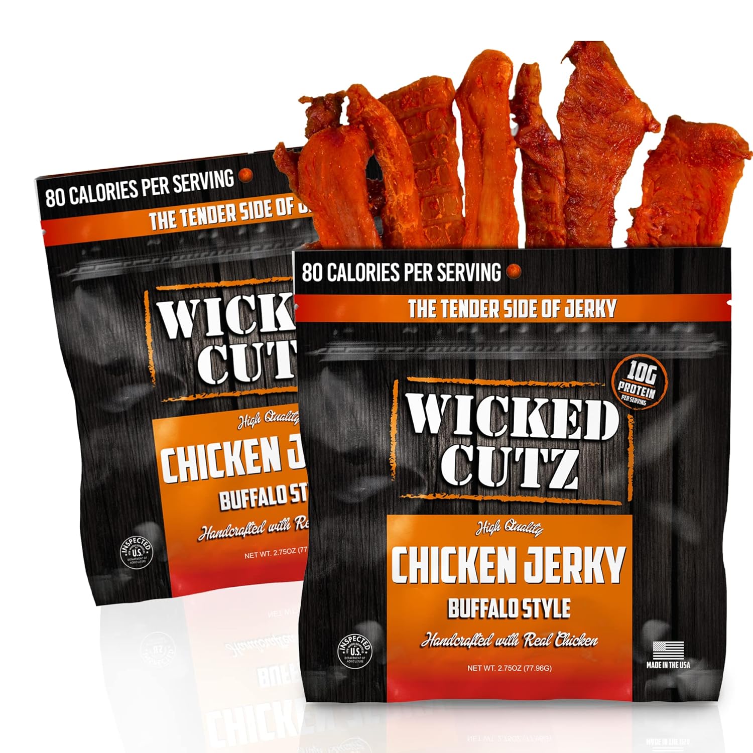 Buffalo Chicken Jerky  Carne seca de pollo tierna, sabrosa y fácil de masticar para personas con 0.77 onzas de proteína por bolsa, aperitivos altos