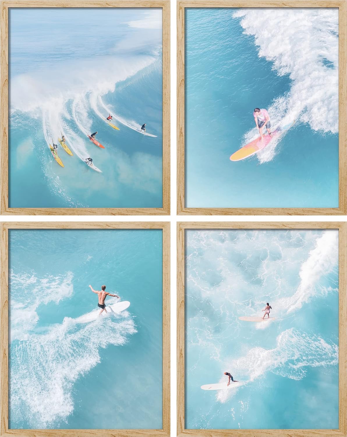 SIGNWIN Arte de pared enmarcado de paisaje náutico del océano, juego de 4 tablas de surf con vista aérea para decoración de pared, decoración de