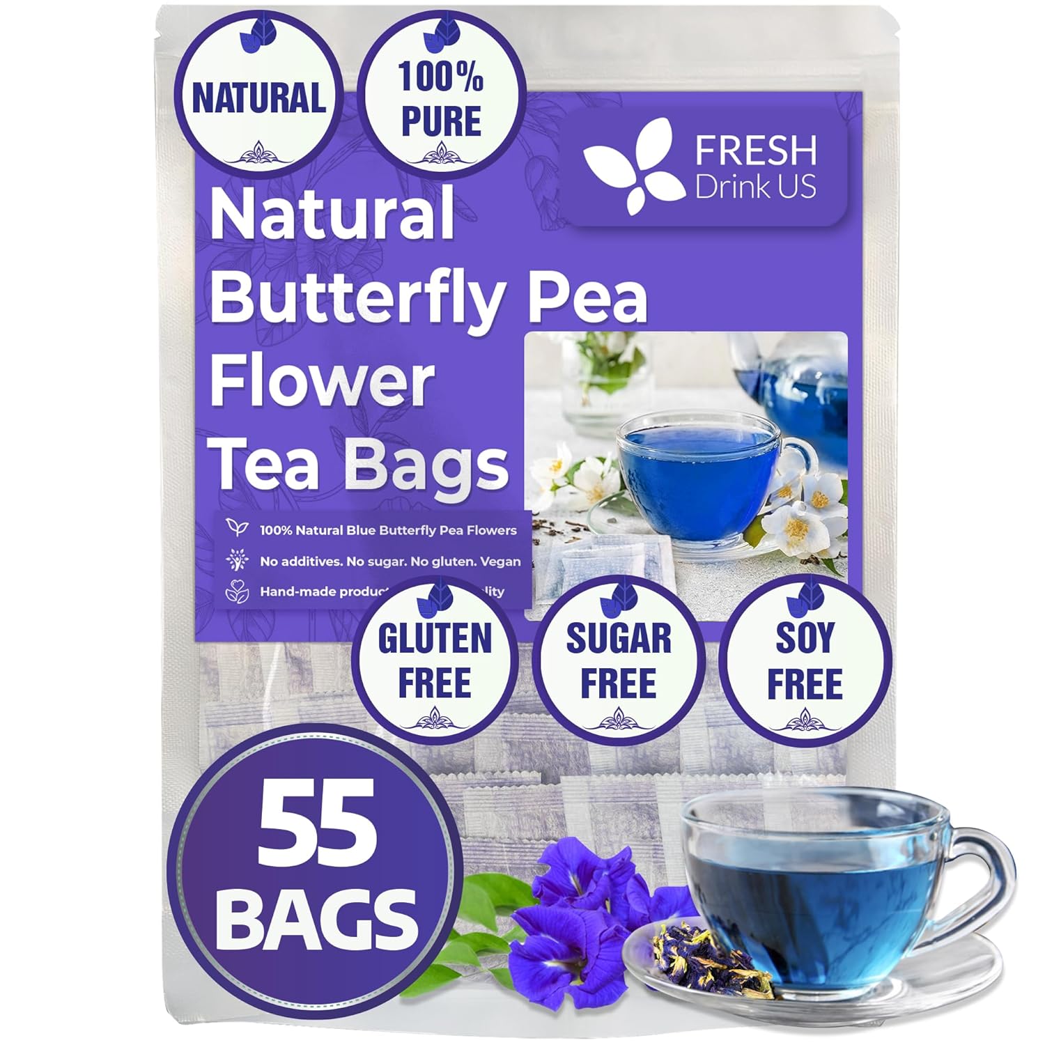 FreshDrinkUS, 55 bolsas de té de guisantes de mariposa, 100% natural y puro de flores de guisantes de mariposa, hechas a mano, hechas con materiales