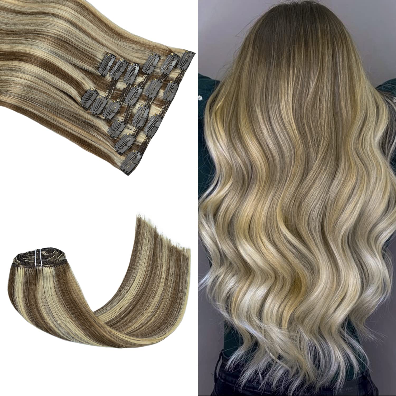 Honsoo – Extensiones de cabello humano Remy con pinza, color rubio cenizo a rubio platinado, 7 unidades de 3.53oz y 12pulgadas, para mujer
