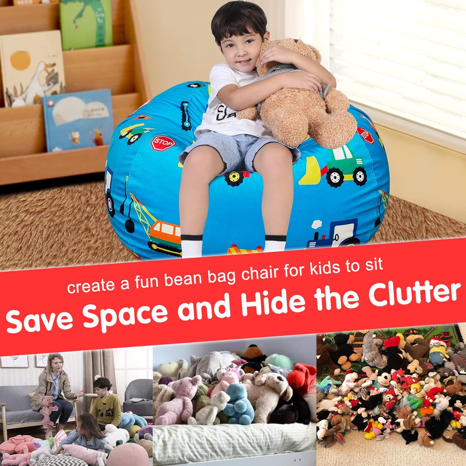 Lukeight Funda para silla puf de almacenamiento de animales de peluche para niños, funda para silla puf con cremallera para organizar habitaciones