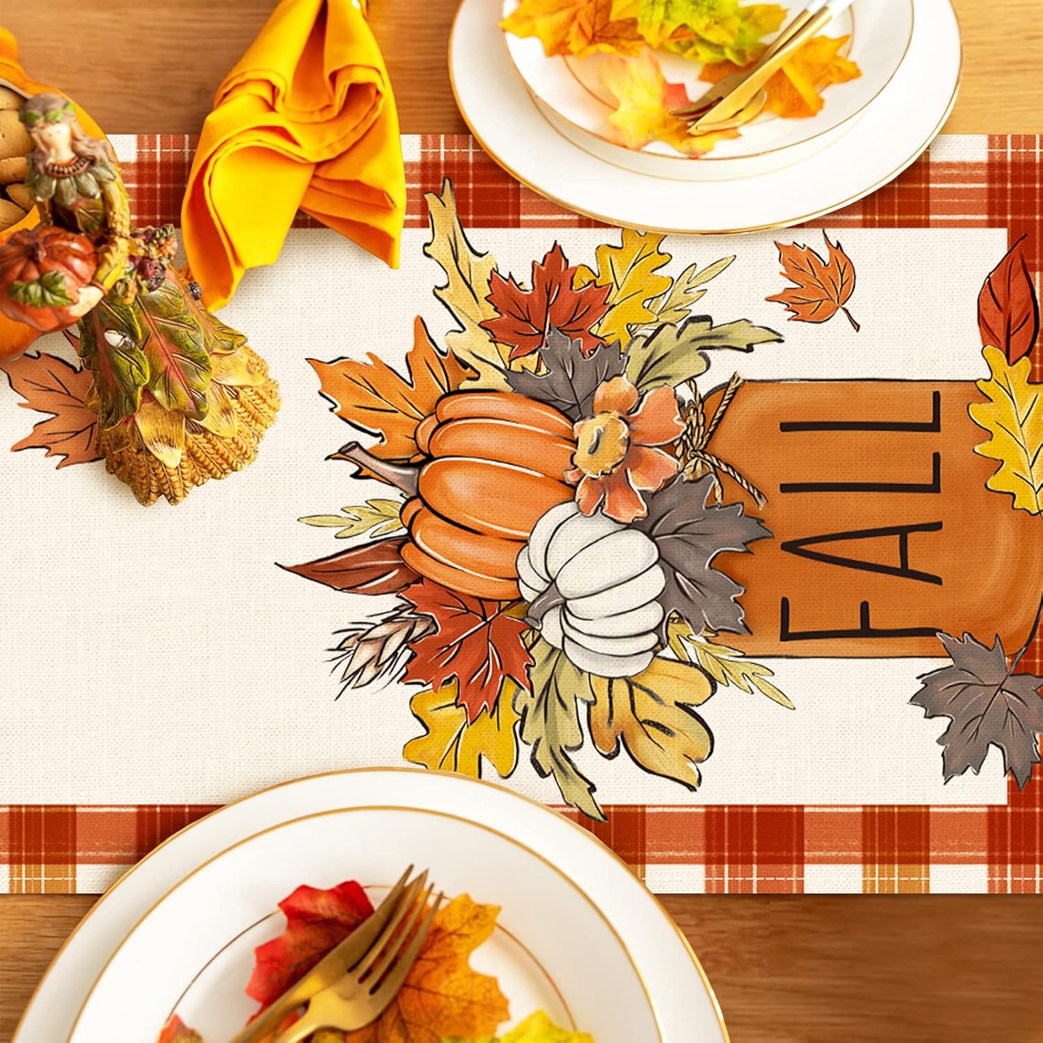 Seliem Camino de mesa de otoño con hojas de arce y calabaza, tarro de otoño, cuadros de búfalo, decoración de mesa de comedor de temporada,