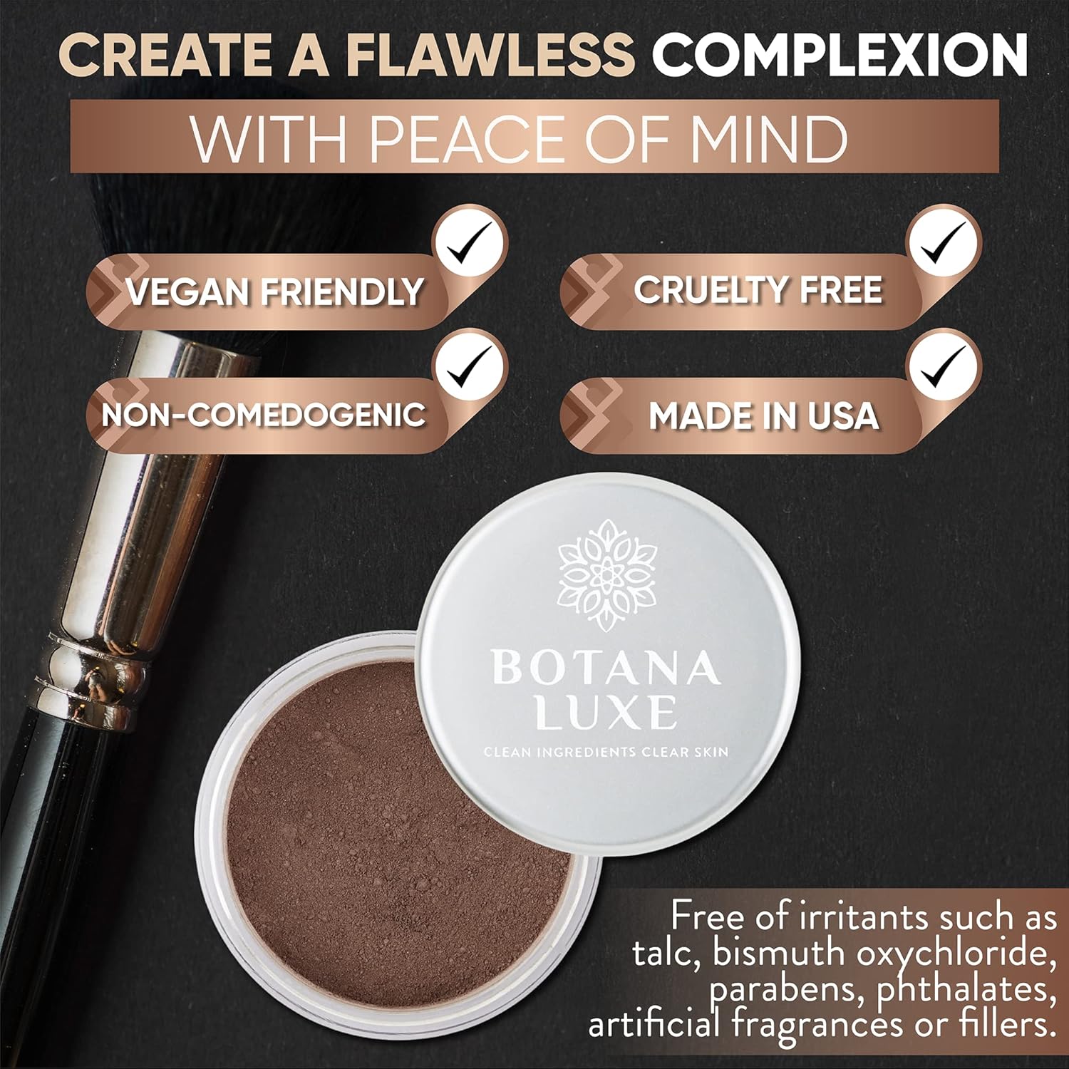 Base mineral Luxe con pigmentos naturales para todo tipo de piel, adolescentes y adultos. Ligera, sedosa y suave, iluminadora facial, de larga