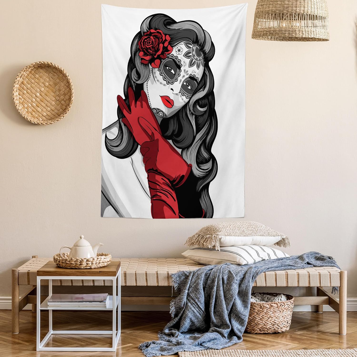Ambesonne Tapiz de calavera, estilo mexicano con forma de azúcar, floral, malvado, gótico, arte muerto, latín, para colgar en la pared para