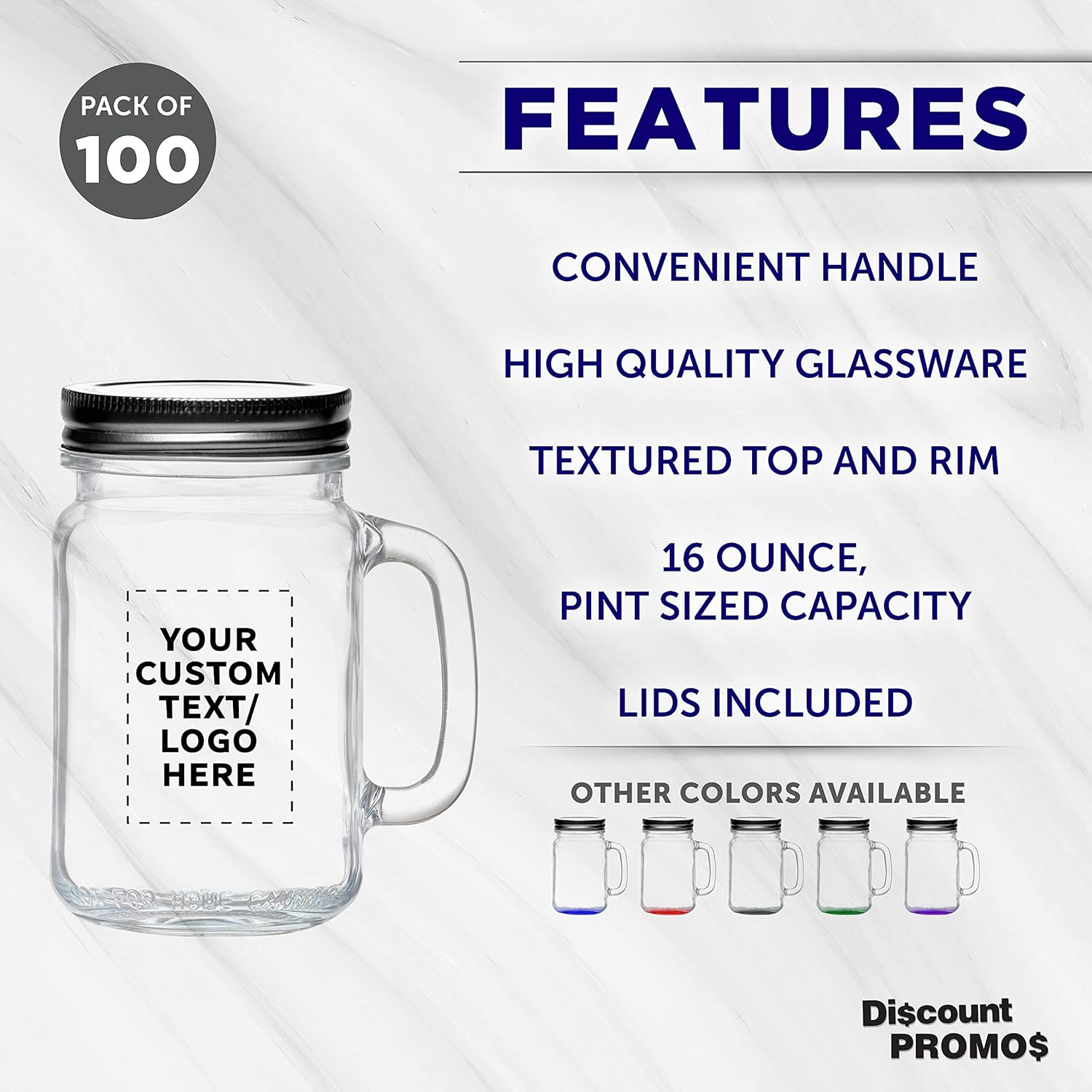 Discount Promos Libbey Handle Mason Jars – Juego de 100 tarros con tapas, 16 onzas, texto personalizado, logotipo, estilo tradicional, bebida,