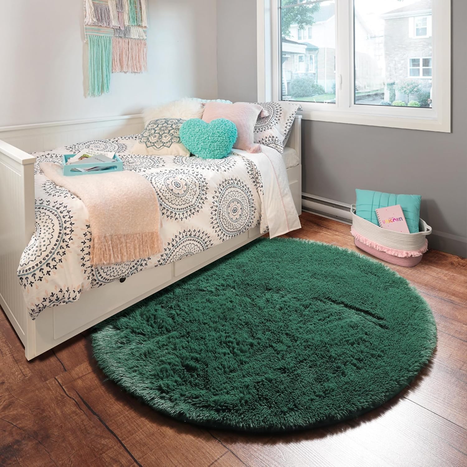 PAGISOFE Alfombra redonda verde oscuro de 4 x 4 para dormitorio de niños, alfombras circulares suaves y esponjosas para niños y adolescentes,