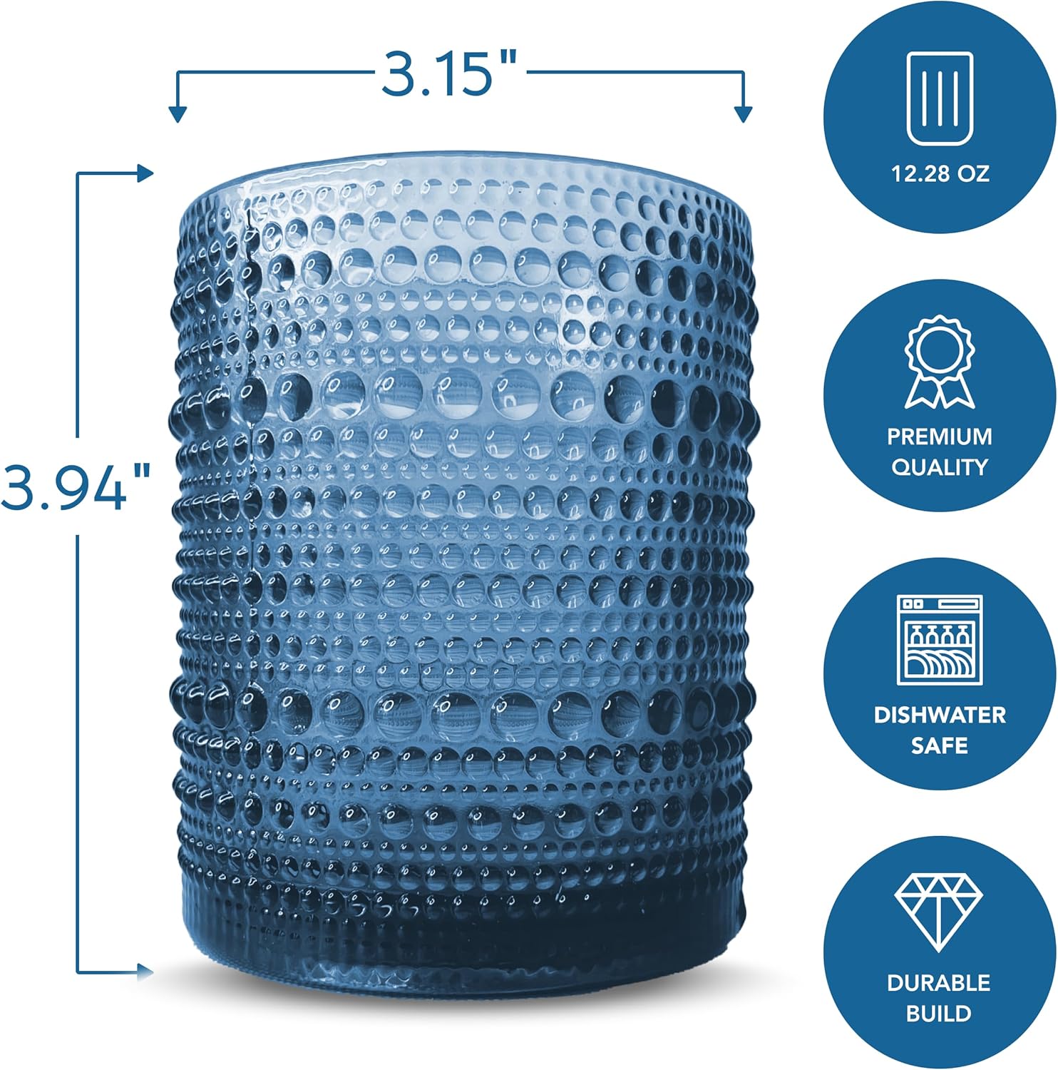Greenline Goods Hobnail – Juego de 6 vasos de 12 onzas con diseño único, elegantes vasos de burbujas azules para ambientes modernos y vintage,