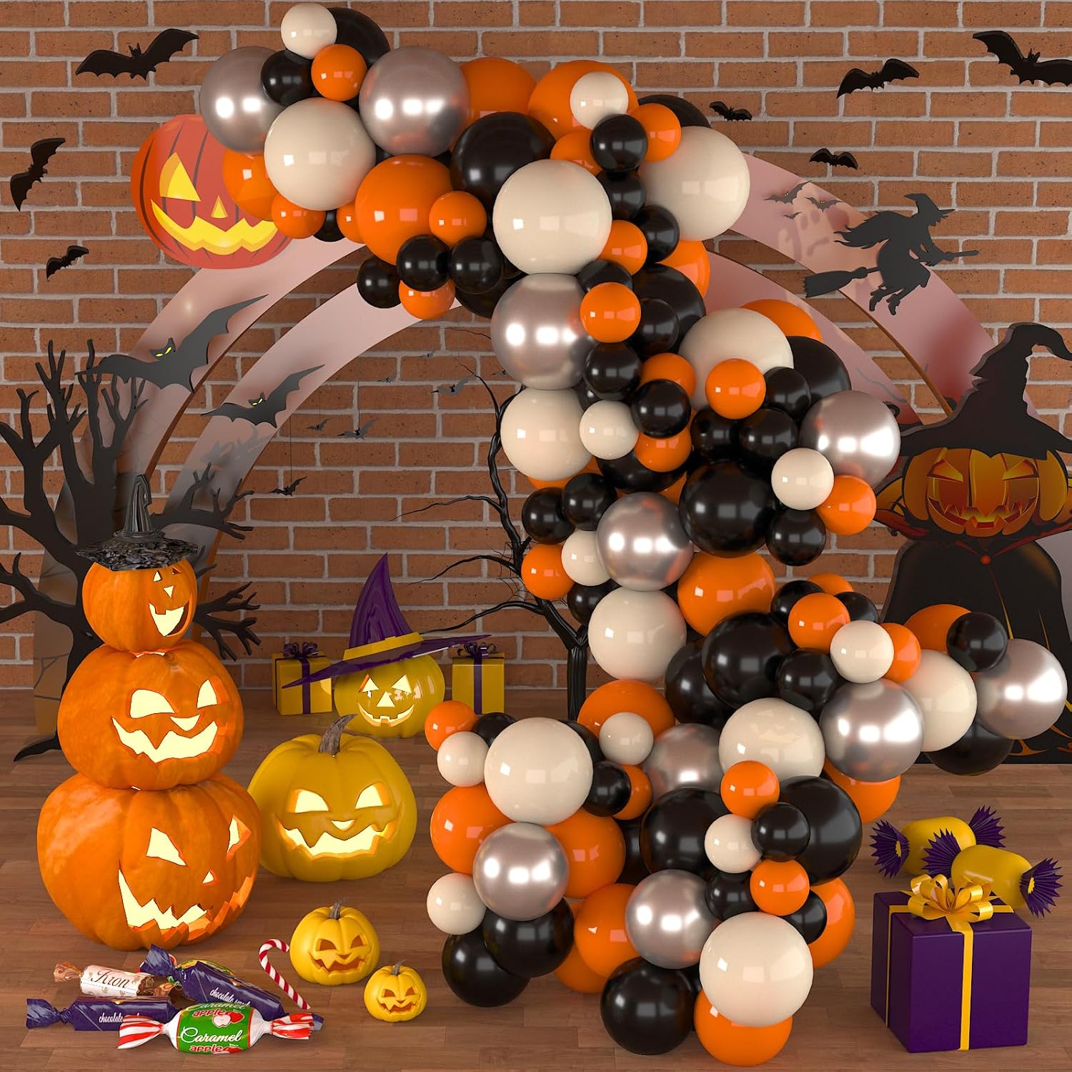 Kit de guirnalda de arco de globos de Halloween, 102 globos de látex naranja negro marfil, decoraciones de fiesta de Halloween para niños y niñas,