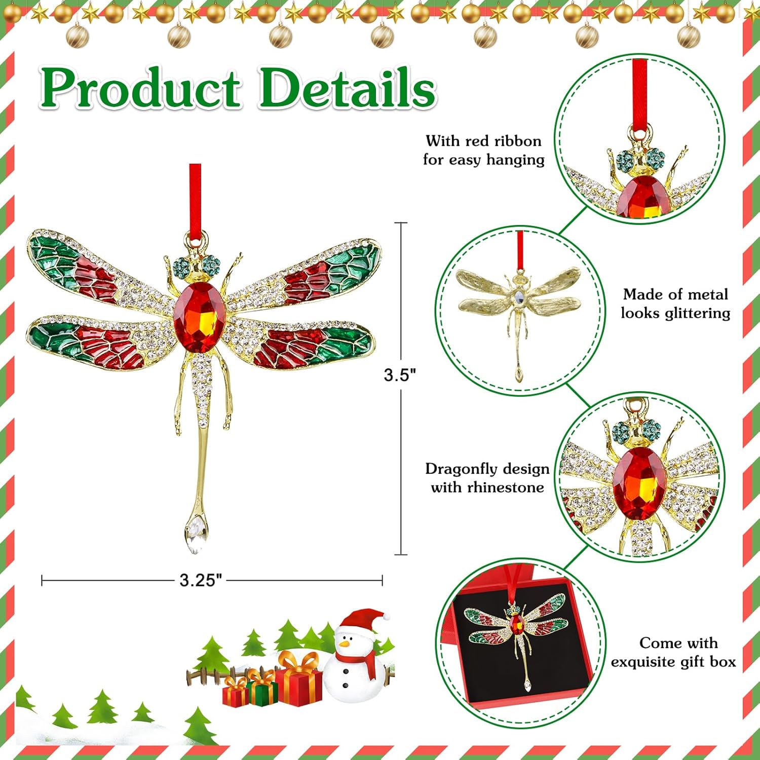 WhatSign Adornos de libélula para árbol de Navidad, libélula de metal, adornos de Navidad, libélula adornos de árbol de Navidad, adornos de libélula