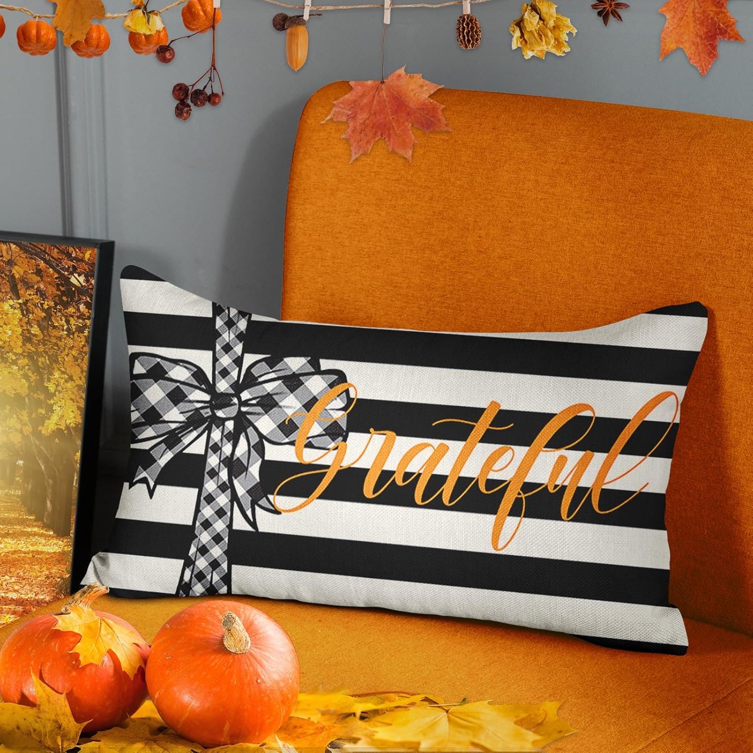 Funda de almohada de otoño con lazo a rayas blancas y negras, decoración de casa de campo, rectangular, de lino, para el hogar, 12 x 20 pulgadas
