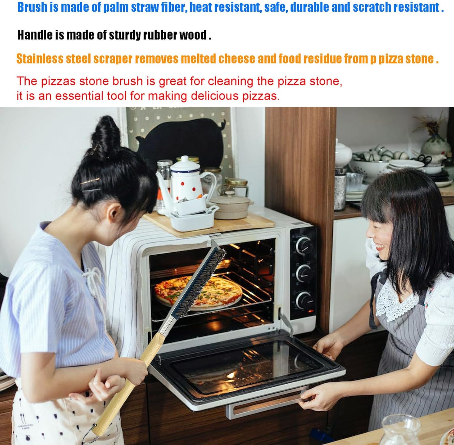 Cepillo para horno de pizza con raspador, cepillo de piedra de pizza de 21 pulgadas con mango de madera largo desmontable, resistente al calor,