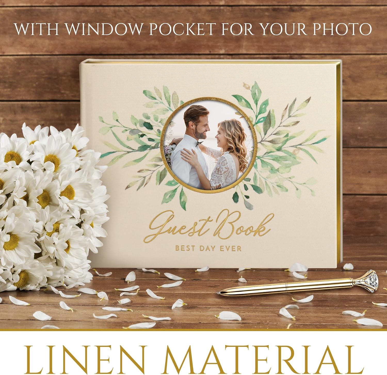 Libro de invitados de boda, con bolígrafo de diamantes de cristal dorado y letrero de mesa, libro de invitados de tapa dura de lino, recepción de