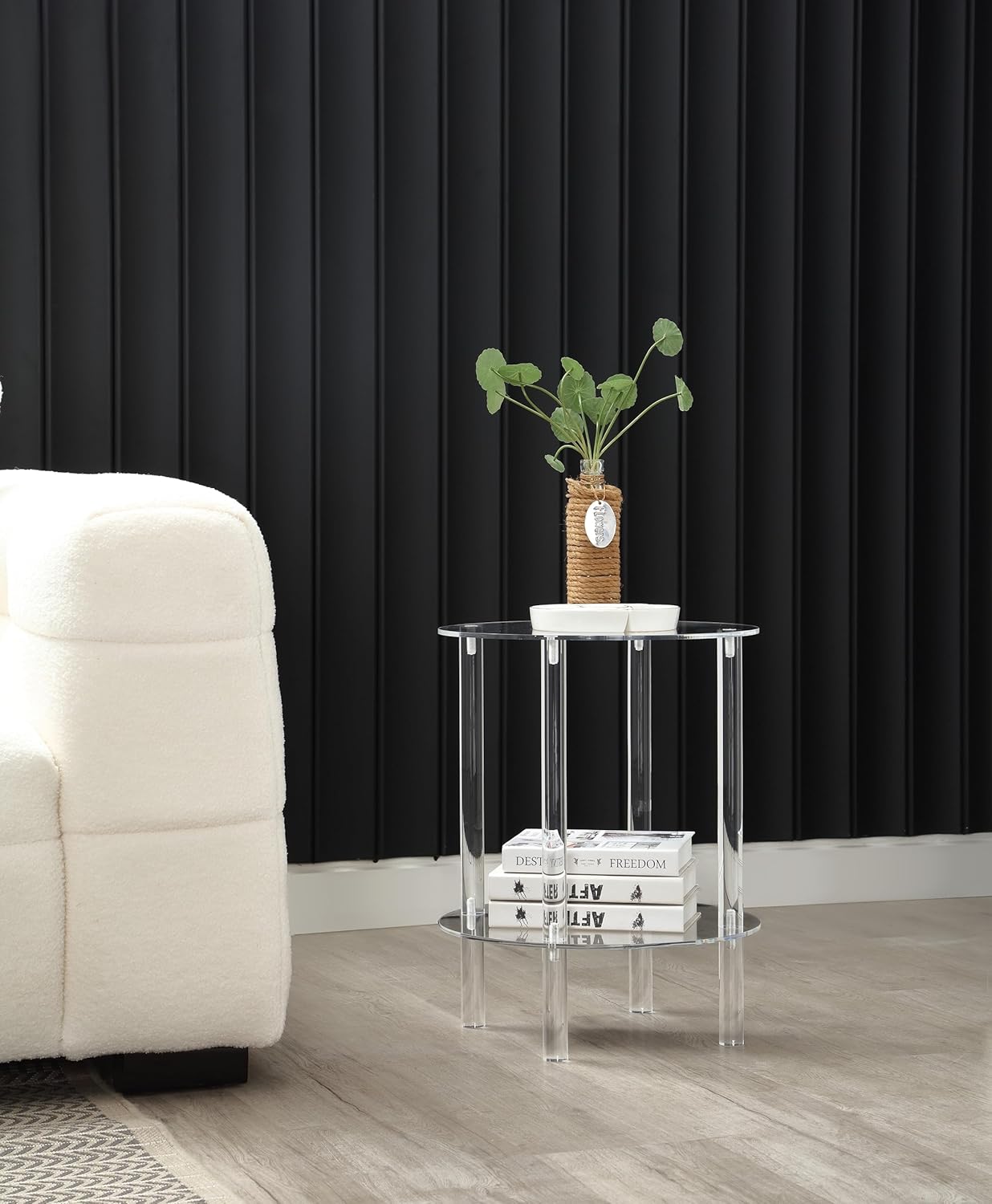 homzone Mesa auxiliar de acrílico transparente, mesa auxiliar, diseño de 2 niveles, para sala de estar, dormitorio, 16 pulgadas de largo x 16