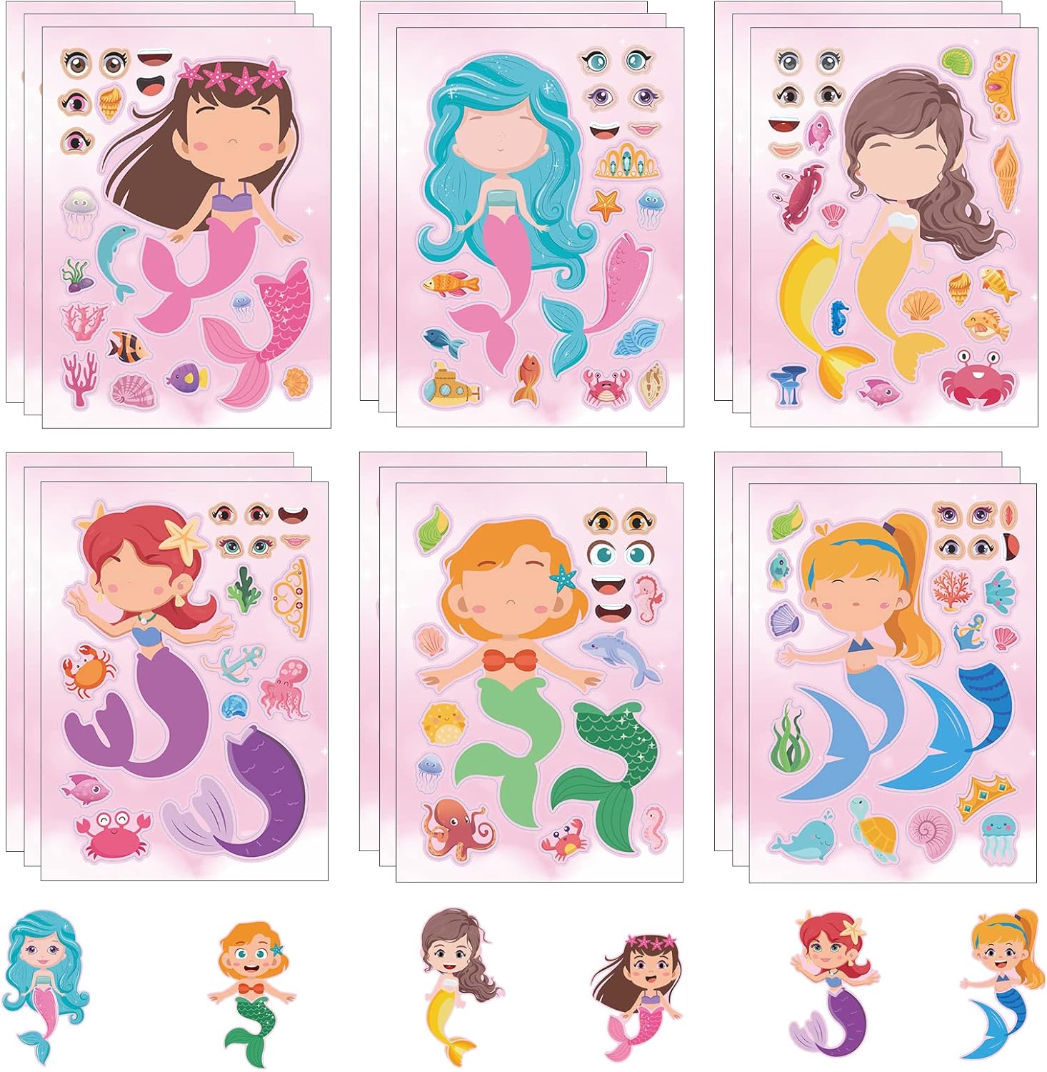 24 hojas de calcomanías de sirena para actividades de niños pequeños, haz tus propias calcomanías para niños, suministros de recuerdo de fiesta de