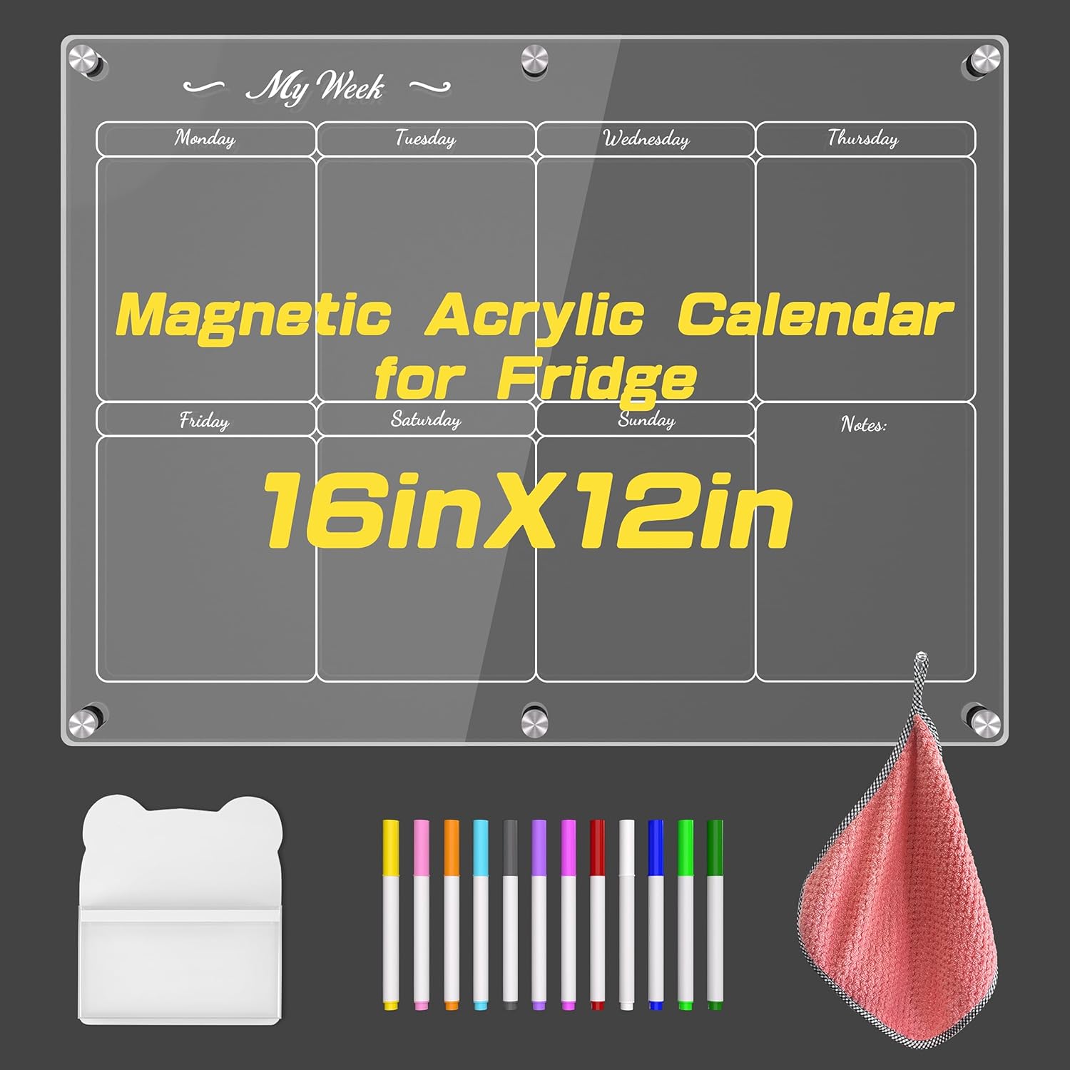 Calendario semanal magnético acrílico para refrigerador, 16 x 12 pulgadas, calendario transparente de borrado en seco para refrigerador, tablero