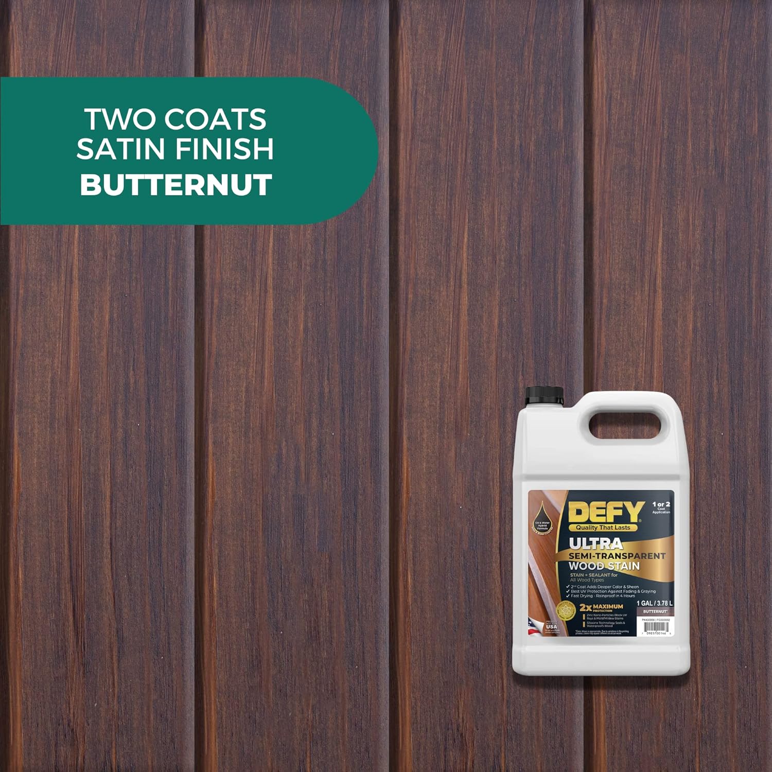 DEFY Tinte y sellador de madera ultra semitransparente para exteriores en uno  Butternut, 1 galón, tinte de cubierta y sellador  Color rico y brillo