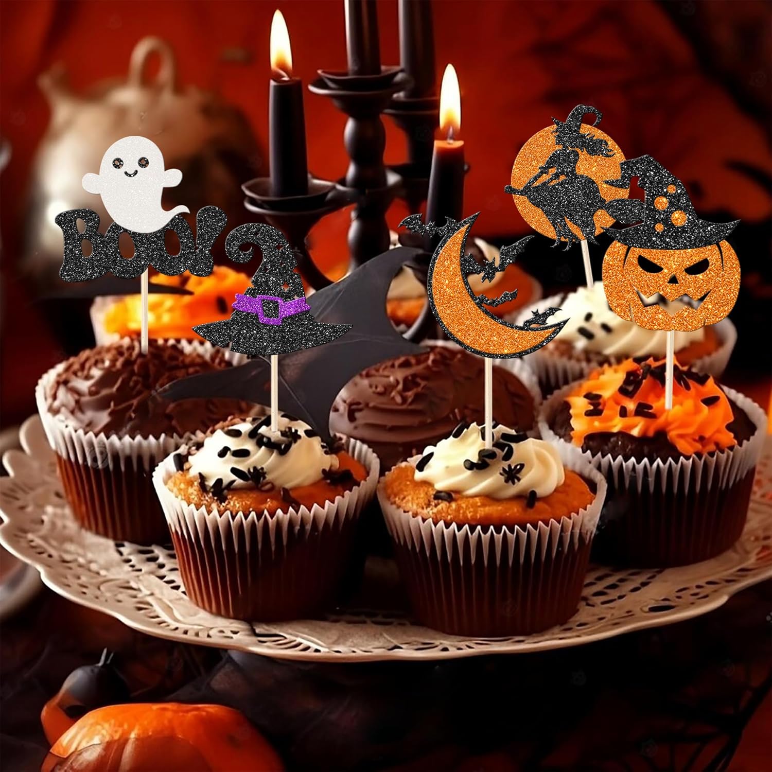 Rsstarxi Paquete de 30 adornos para cupcakes de fantasmas de Halloween con brillantina, murciélago, calabaza, fantasma, bruja, Halloween, cupcakes,