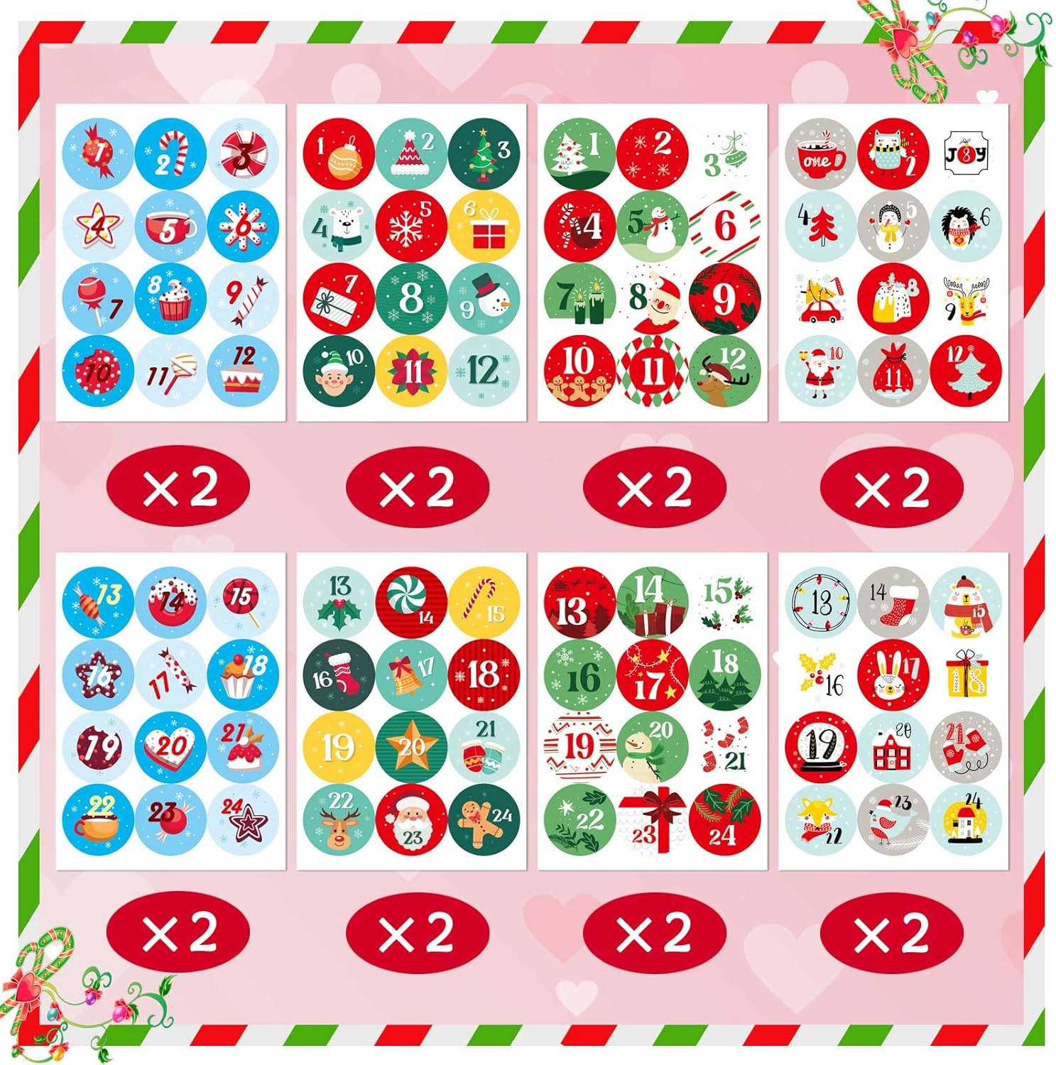 16 hojas de calcomanías de números del calendario de Adviento de Navidad, calcomanías de cuenta regresiva de 24 días, etiquetas de regalo de Navidad