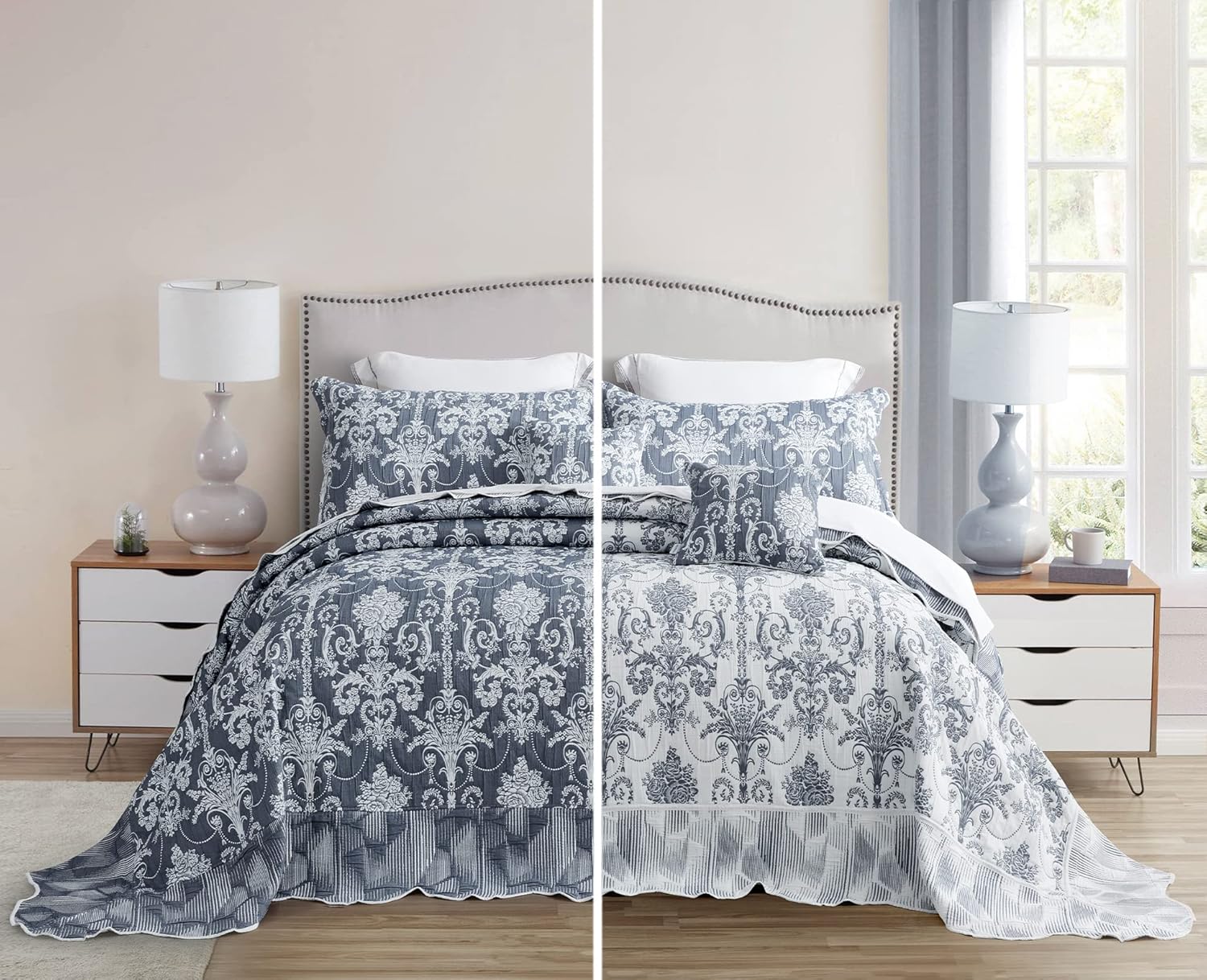 Colcha extragrande tamaño King, color azul, 138 x 122 pulgadas, extra ancha, diseño de damasco jacquard matelasse, ligera, reversible, 5 piezas,