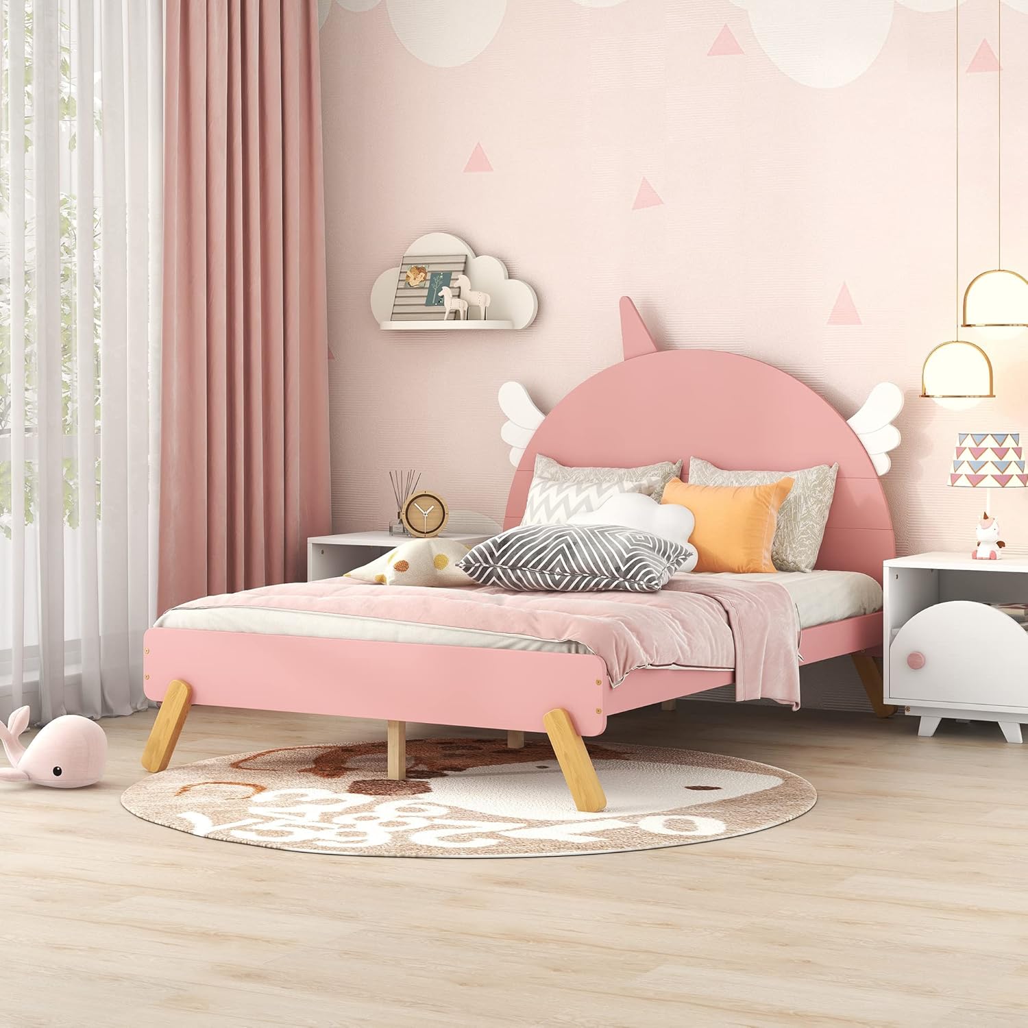 Cama de plataforma de tamaño matrimonial con cabecera en forma de unicornio, marco de cama de madera con soportes de listones, cama de tamaño