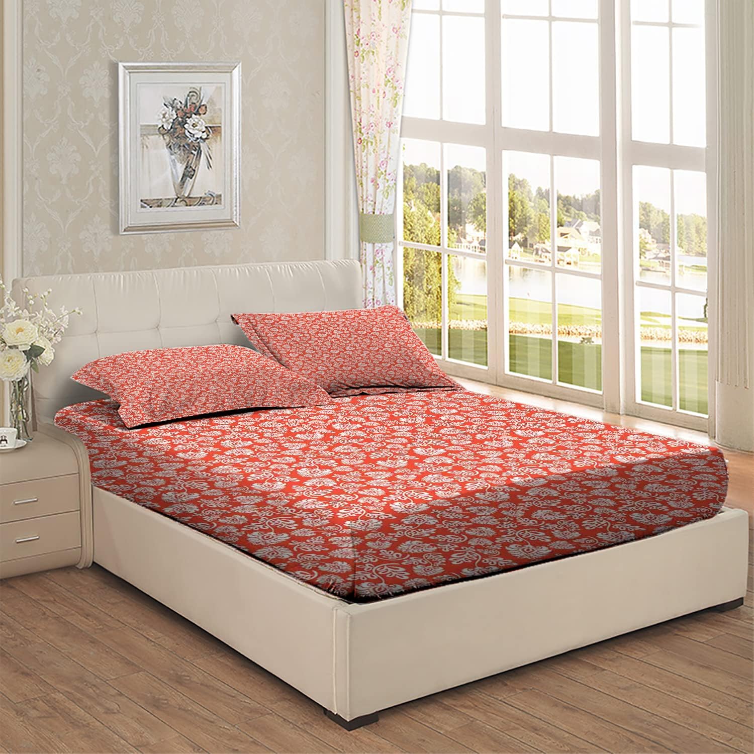 Sábanas bajeras de tamaño matrimonial, diseño de patrón Nouveau, juego de ropa de cama de 3 piezas con estampado decorativo, sábana bajera de