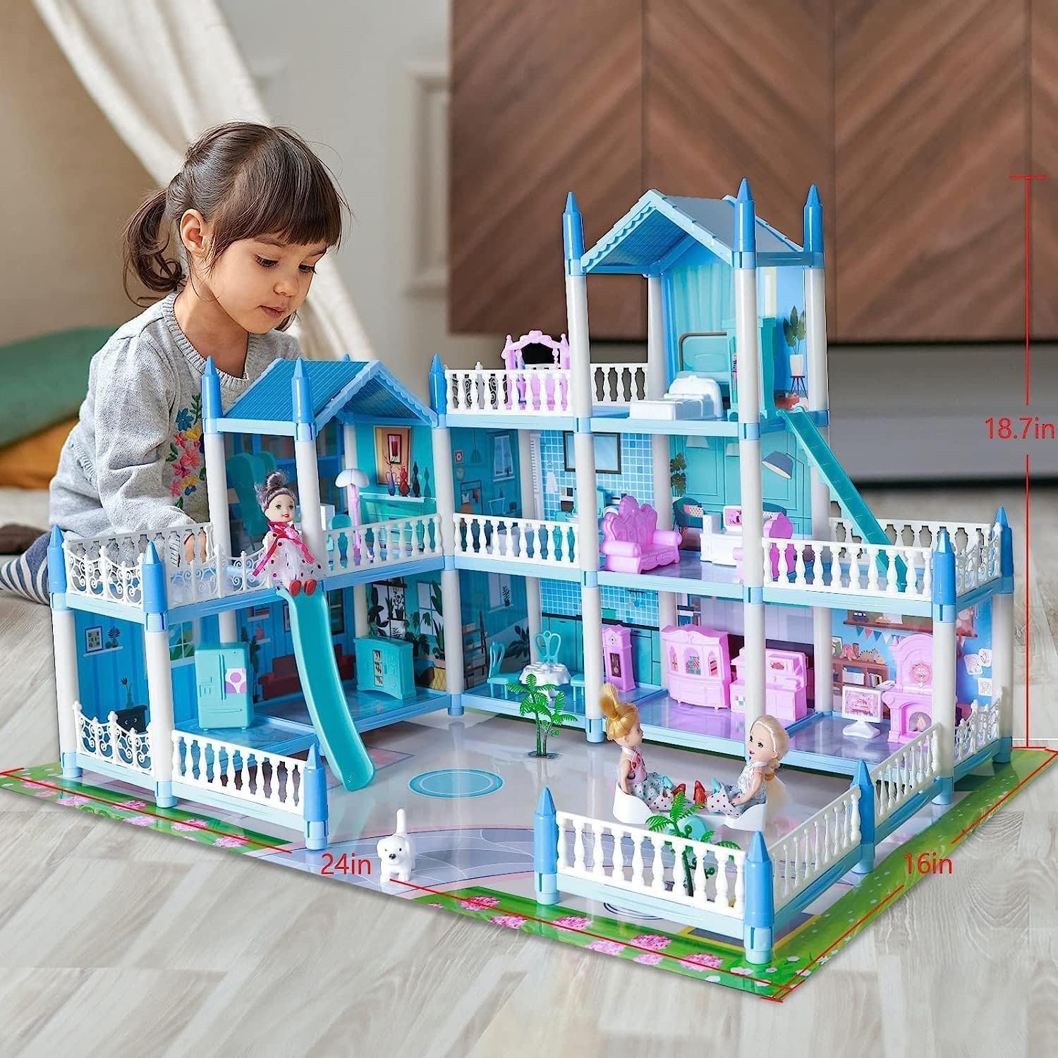 Casa de muñecas grande para niños de 3, 4, 5, 6, 7, 8, 3 pisos, 9 habitaciones, juguetes de casa de ensueño de princesa con 3 muebles para muñecas y