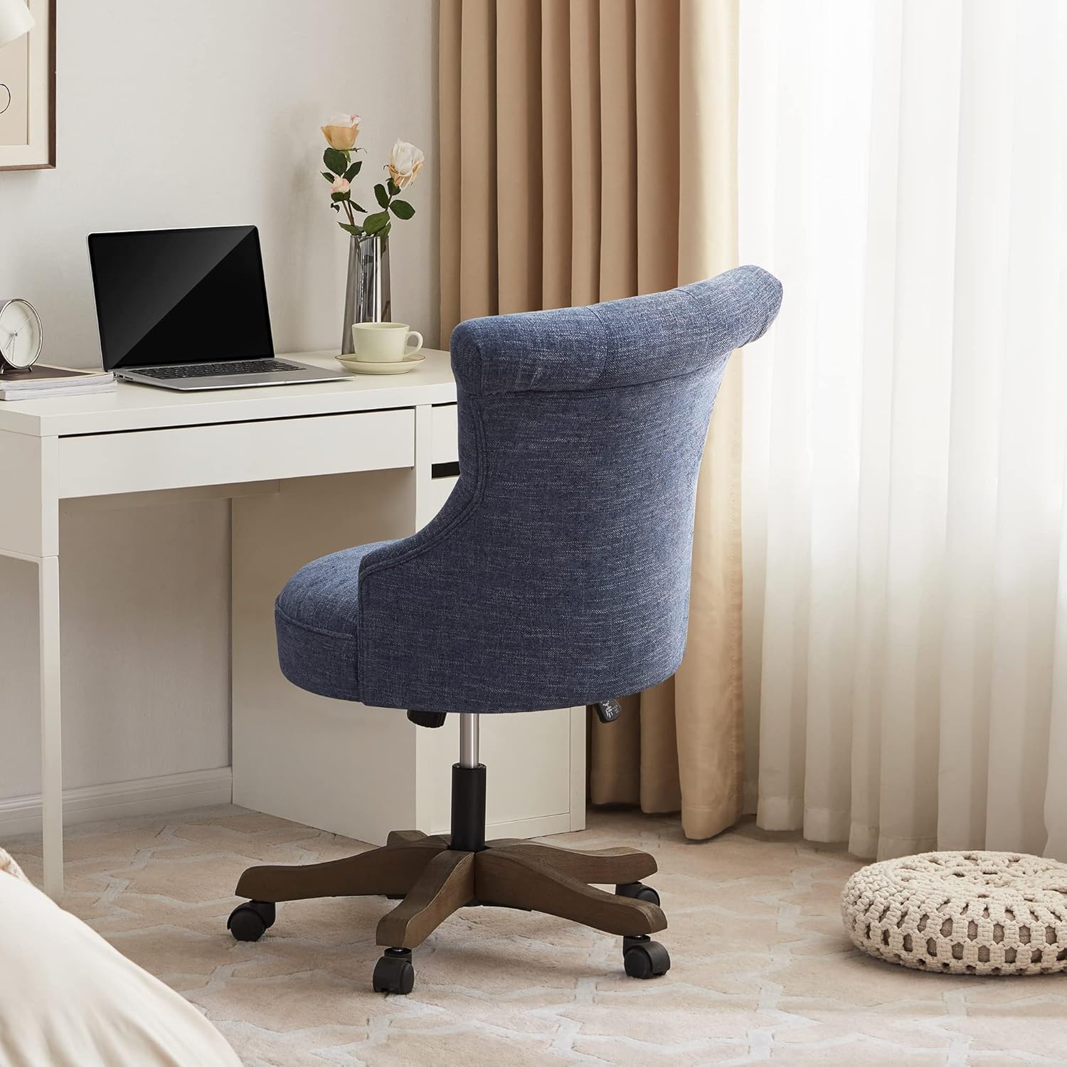 Home Office Chair Adjustable Height Swivel Chair with Wheels Linen Fabric Upholstered Computer Desk Chair with Wooden Legs Comfortable Armless Chair