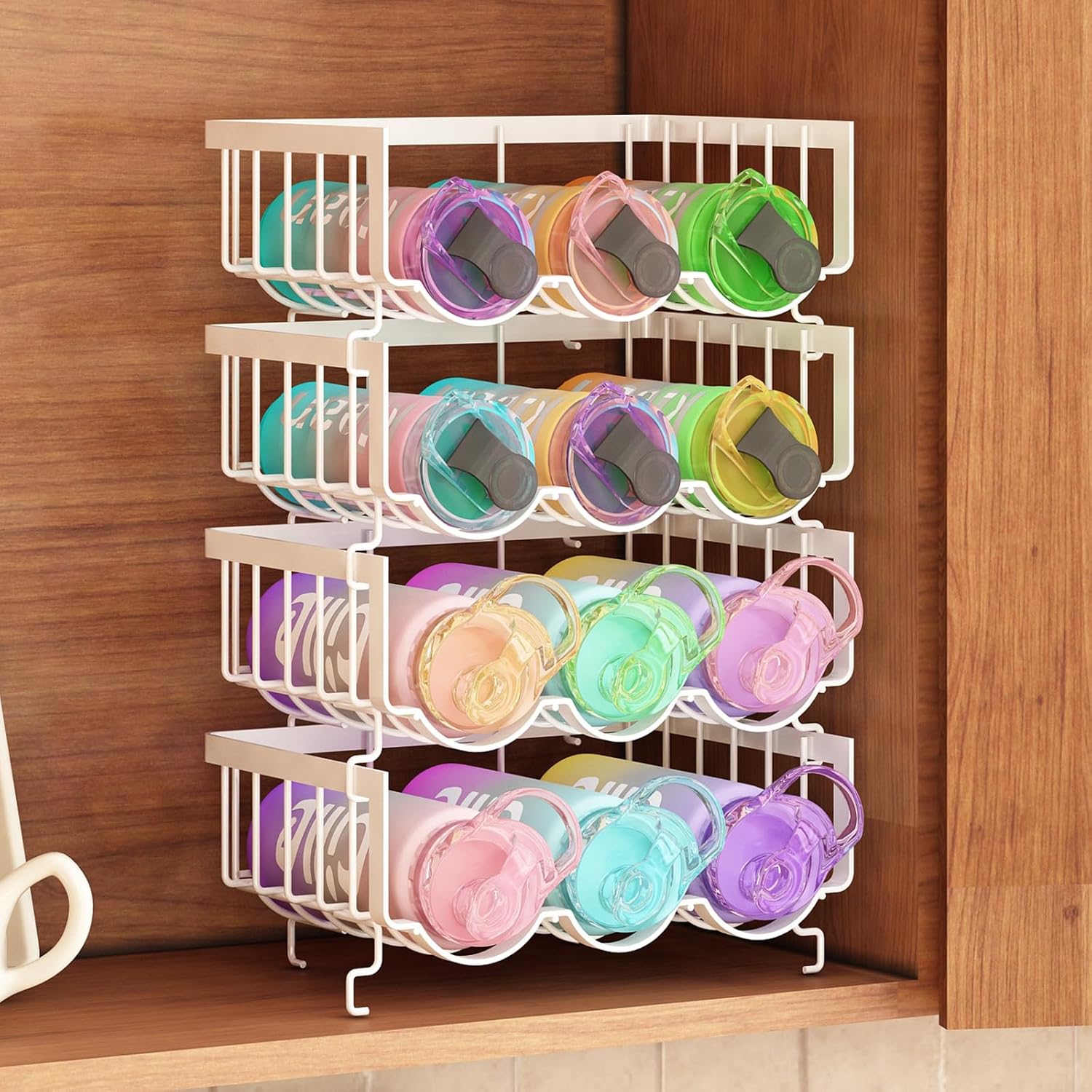 Paquete de 4 organizadores apilables para botellas de agua para gabinete. Soporte para botellas de agua para cocina, refrigerador y despensa,
