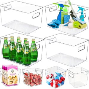 Paquete de 8 cubos organizadores de refrigerador, contenedores de almacenamiento de plástico transparente con asas, organización de despensa y Paquete de 8 cubos organizadores de refrigerador, contenedores de almacenamiento de plástico transparente con asas, organización de despensa y
