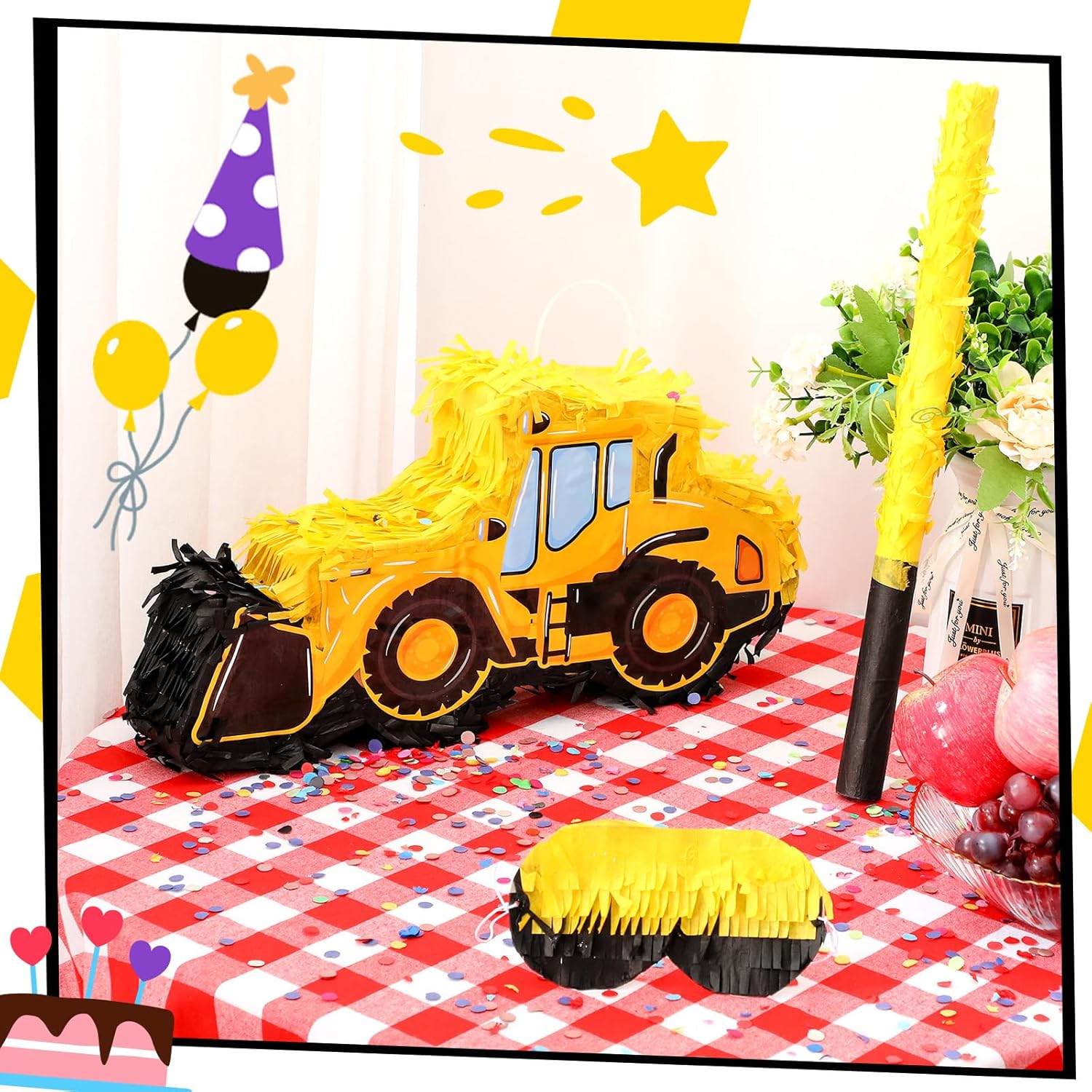 Colarr Paquete de piñata para camión de construcción, piñata, excavadora, con palo, confeti, piñata de construcción, piñata grande de cumpleaños
