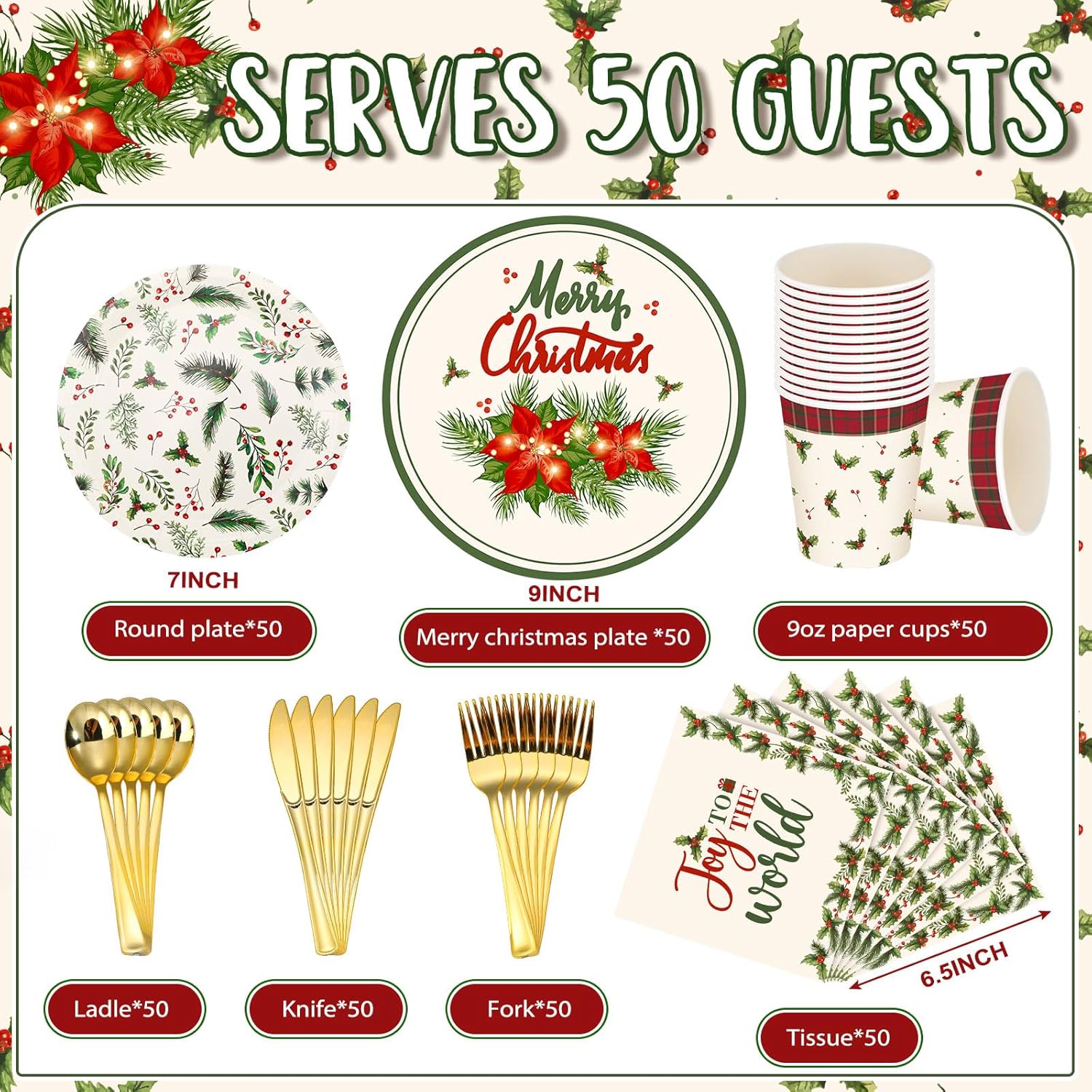 Suttmin Juego de vajilla desechable de 350 piezas de Navidad, sirve 50, platos de papel de Feliz Navidad, servilletas Joy to the World, servilletas