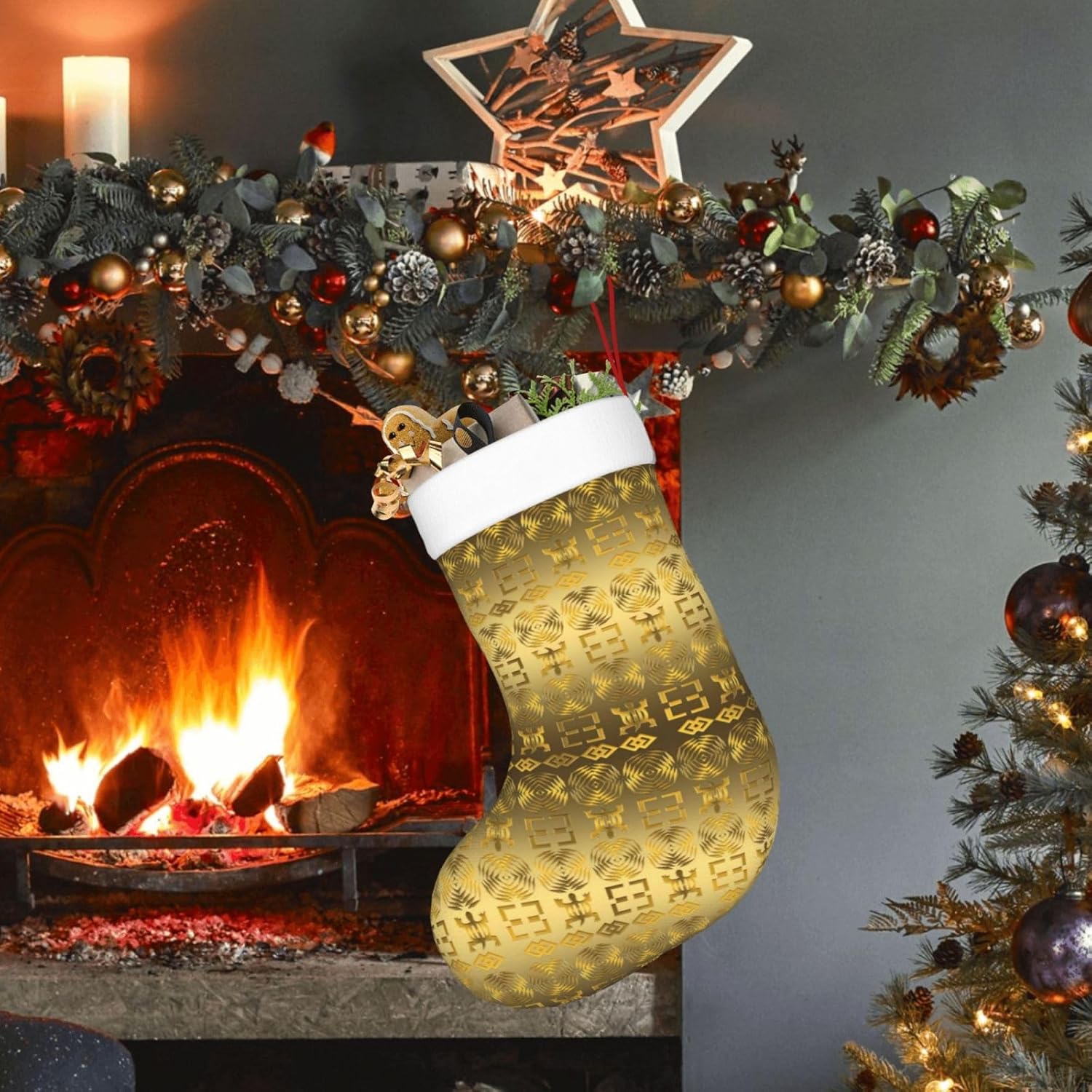 Calcetines de Navidad, patrón étnico africano con símbolos Adinkra, medias de Navidad grandes, medias colgantes de Navidad para Navidad, vacaciones,