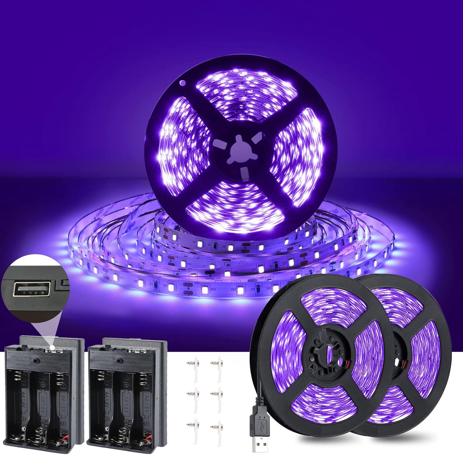 Tira de luz negra USB de 16.4 pies con caja de batería, tira de luz negra LED de 5 V, 300 LED para brillar en la oscuridad, 385-400 nm para fiesta