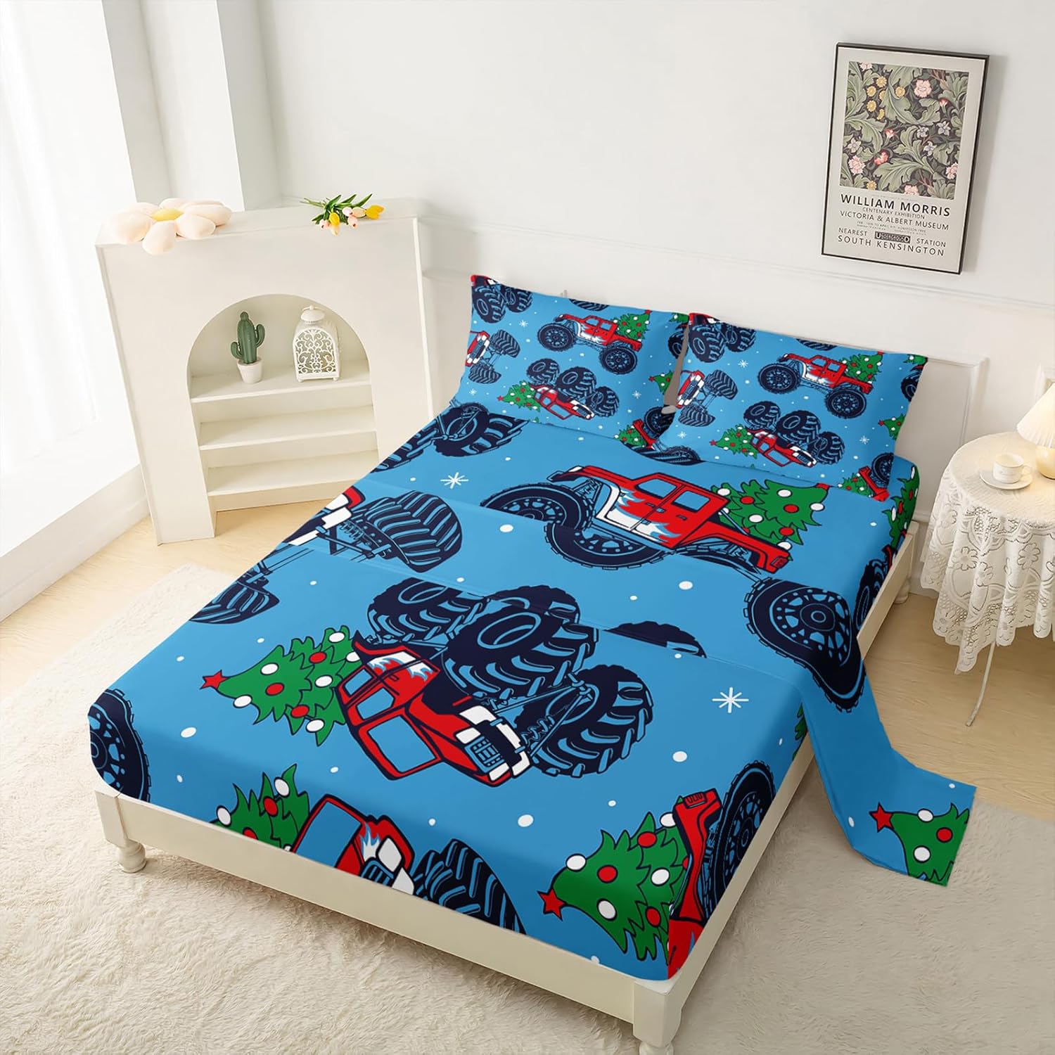 Juego de sábanas de camión, tamaño individual, juego de sábanas para niños, ropa de cama con estampado de camión de árbol de Navidad, ultra suave,