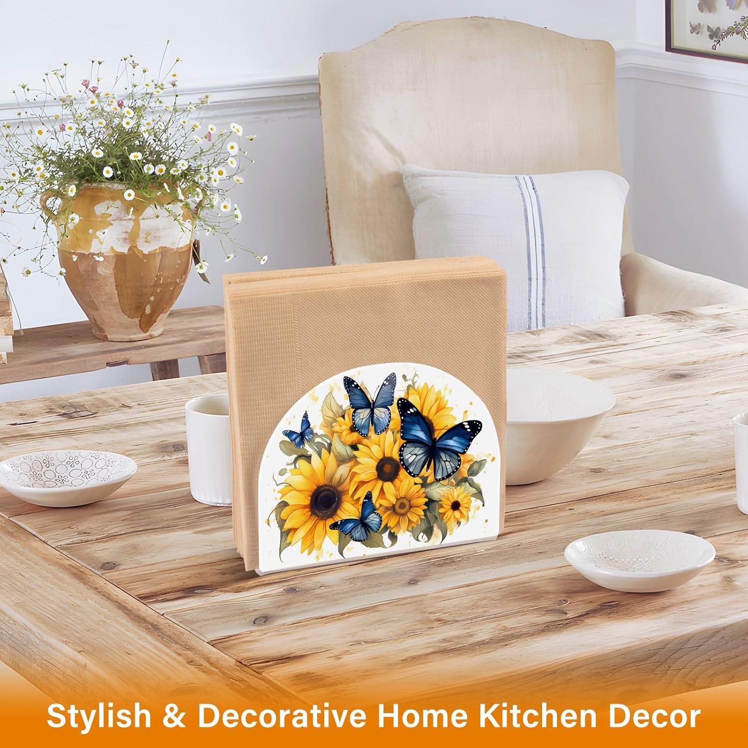 Servilletero de acrílico transparente con girasol y mariposa, servilletero, dispensador de mesa de comedor para cocina, restaurante, decoración del